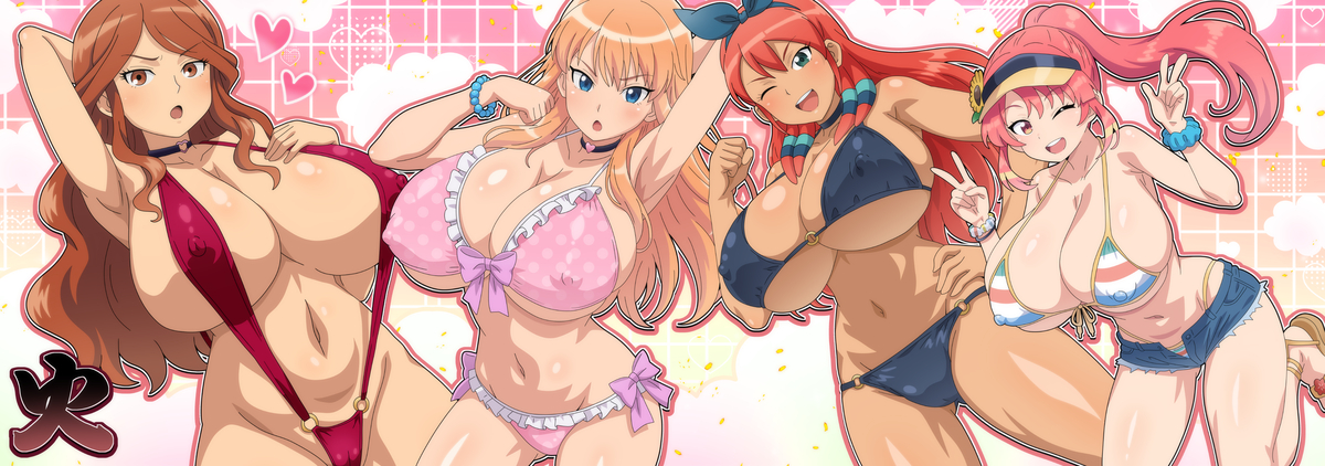 2d, 2d (artwork), 4girls, absurd res, big breasts, blue eyes, breasts bigger than head, brown eyes, brown hair, erect nipples, erect nipples under bikini, female, female focus, female only, green eyes, hi res, high resolution, hitokiwa kenchin, inazuma eleven, inazuma eleven (series), inazuma eleven ares no tenbin, inazuma eleven go, inazuma eleven victory road, jade greene, lingerie, mikado anna, nelly raimon, one arm up, one eye closed, orange hair, peace sign, raimon natsumi, red eyes, red hair, regina mulgrave, seto midori, shinohara raika, sling bikini, suggestive, suggestive look, suggestive pose, suggestive posing, vo, voluptuous, voluptuous female, wide hips