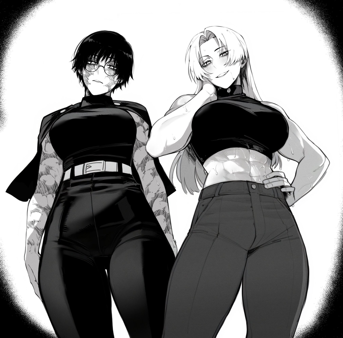 2girls, above view, abs, belly, big breasts, big thighs, black and white, curves, cute, cute face, female, female abs, female only, fit, fit female, fully clothed, glasses, hand on hip, hand under chin, hips, hourglass figure, jujutsu kaisen, long hair, looking at viewer, looking down at viewer, masoq095, midriff, multiple girls, muscular, muscular abdomen, muscular female, scars, scars all over, scars on arm, scars on face, seductive look, sexy, sexy body, sexy pose, short hair, strong female, sweaty, sweaty body, tall woman, thick thighs, tummy, very short hair, viewed from below, yuki tsukumo, zenin maki