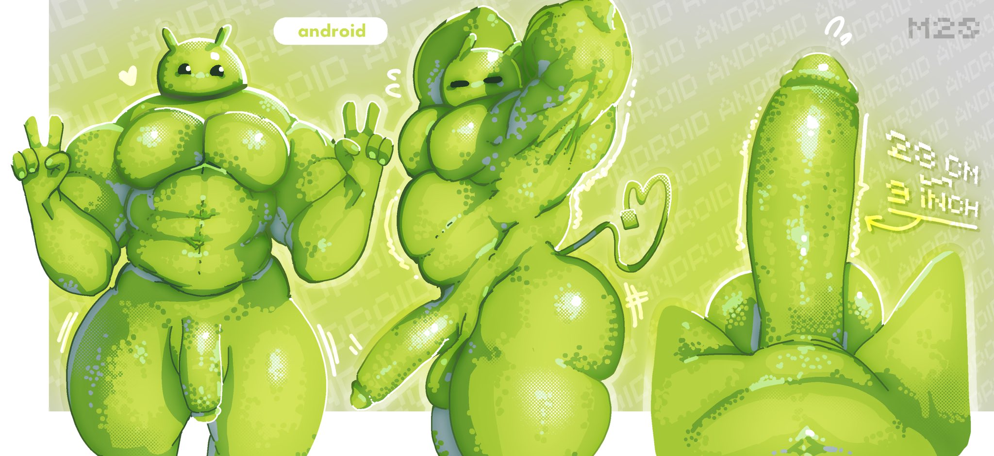 android, android boy, antennae, antennae (anatomy), balls, bara, big belly, big penis, boner, bugdroid, english text, erection, flaccid, flexing, flexing arms, flexing muscles, green fur, heart symbol, heart tail, looking at viewer, male, male only, muranoshisoka, muscles, muscular, muscular anthro, muscular male, nude, penis, plug tail, posing, posing for the viewer, shiny skin, tail, v sign, watermark