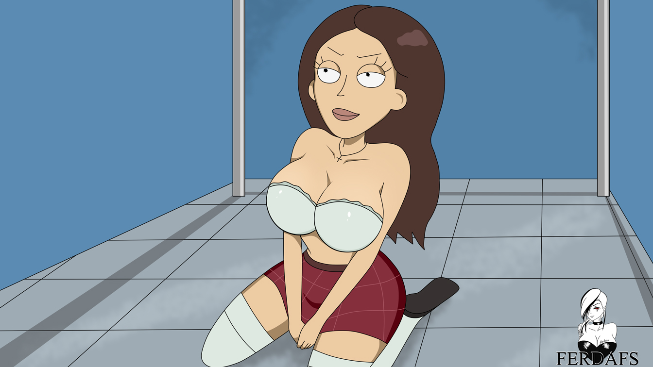 1girls, big breasts, bimbo, bra, breasts, brown hair, busty, cleavage, clothing, female, female only, ferdafs, huge breasts, large breasts, rick and morty, skirt, thigh highs, thighhighs, tricia lange