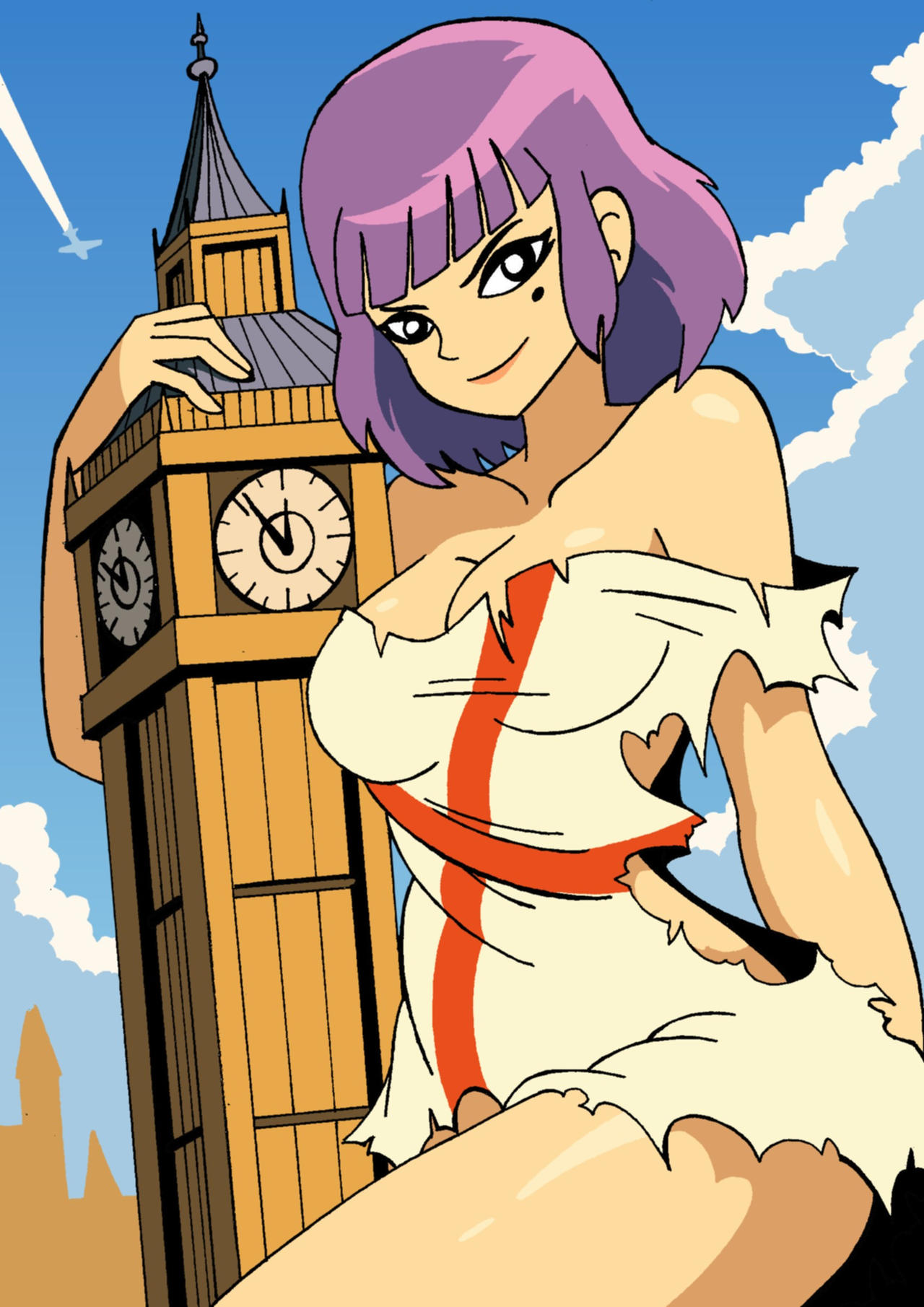 amelia (pathways), big breasts, breasts, damaged clothes, drsgrowth, female, female focus, female only, giant female, giant woman, giantess, light skin, light-skinned female, pathways (game), solo, solo female, solo focus