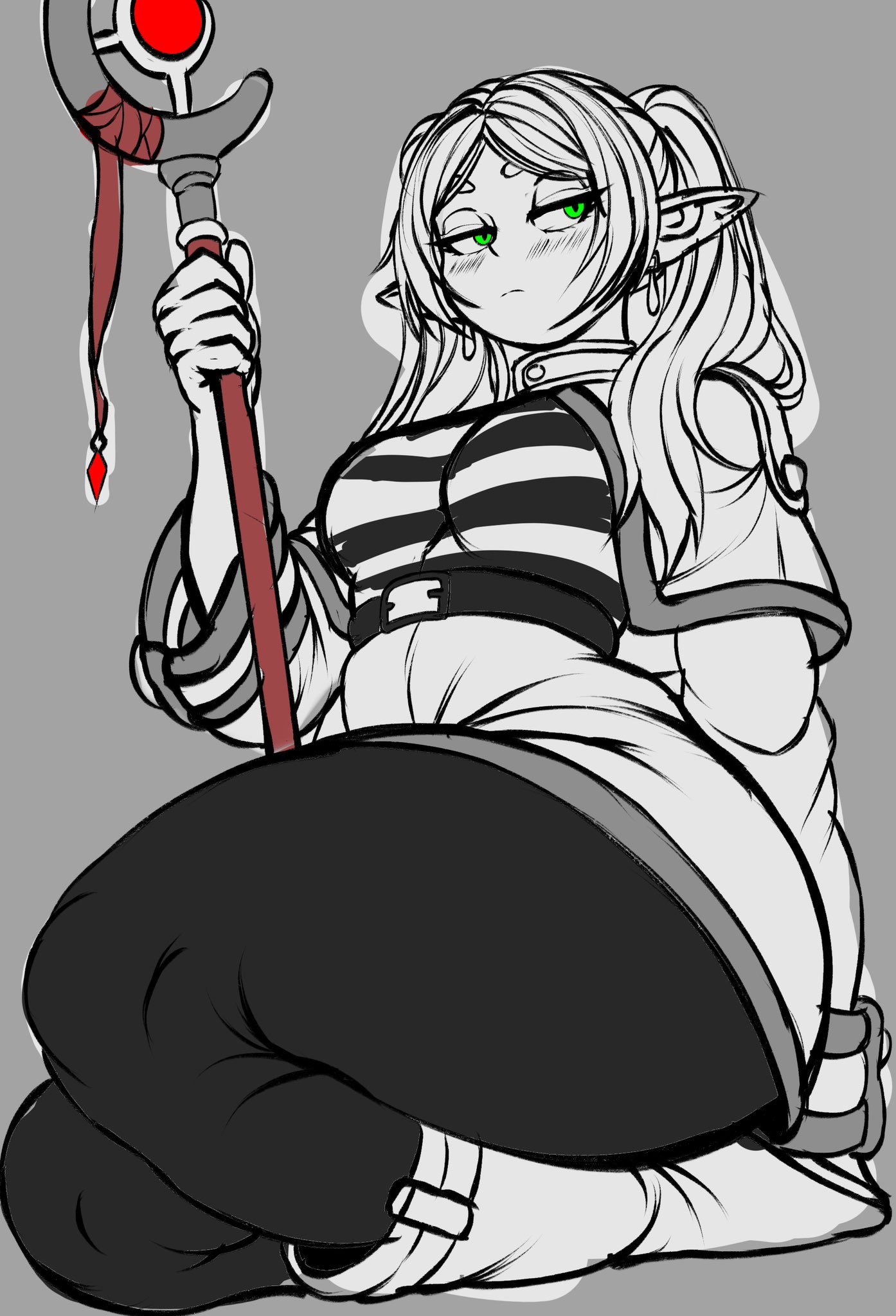1girls, belt, big breasts, blush, breasts, elf, elf ears, female, female only, frieren, green eyes, grey background, huge ass, huge thighs, kwalker1009, long hair, looking at viewer, monochrome, pointy ears, simple background, solo, sousou no frieren, spot color, staff, striped, striped shirt, thick thighs, thighs, white hair