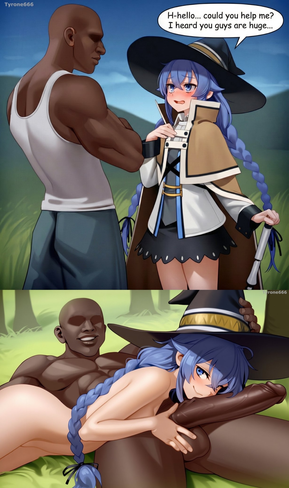 1boy, 1boy1girl, 1girl1boy, 1girls, ai generated, aroused, aroused face, aroused female, ass, assertive, assertive female, blue eyes, blue hair, blush, blushing, braid, braided hair, braided twintails, braids, breasts, butt, cape, capelet, cheating, cock hungry, cock worship, completely naked, completely nude, curvaceous, curvaceous body, curvaceous female, curvaceous figure, curvy, curvy body, curvy female, curvy figure, dark skin, dark-skinned male, dominant, dominant female, dominant male, ezzezezz, female, female human, femdom, grabbing, happy, happy female, hat, height difference, horny, horny female, human male, imminent anal, imminent fellatio, imminent oral, imminent penetration, imminent sex, imminent vaginal, interracial, it'll never fit, light skin, light-skinned female, long hair, looking at viewer, looking pleasured, lying, lying down, lying on back, lying on ground, lying on person, male, male/female, maledom, muscles, muscular, mushoku tensei, naked, naked female, narrow waist, naughty, naughty face, netorare, ntr, nude, nude female, outdoors, outside, pale skin, pale-skinned female, petite, petite body, petite female, pleasure face, posing, posing for the viewer, presenting, presenting ass, presenting butt, round ass, round butt, roxy migurdia, shorter female, size difference, slender body, slender waist, slim waist, small breasts, smaller female, smile, smiling, smiling at viewer, standing, submissive, submissive female, taller male, thighs, twin braids, twintails, tyrone666, uncensored, witch, witch costume, witch hat, worship