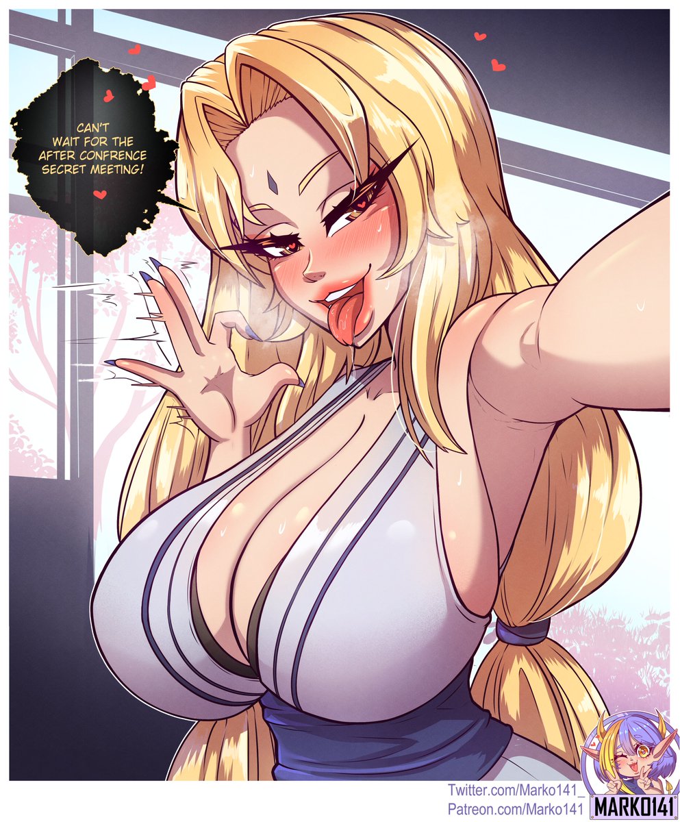 1girls bare_arms bare_shoulders big_breasts blonde_hair blowjob_gesture brown_eyes clothed clothing color english_text female female_focus female_only heart-shaped_pupils hi_res large_breasts light-skinned_female light_skin long_hair marko141 naruto solo solo_female tagme text text_bubble thick_thighs tongue tongue_out tsunade