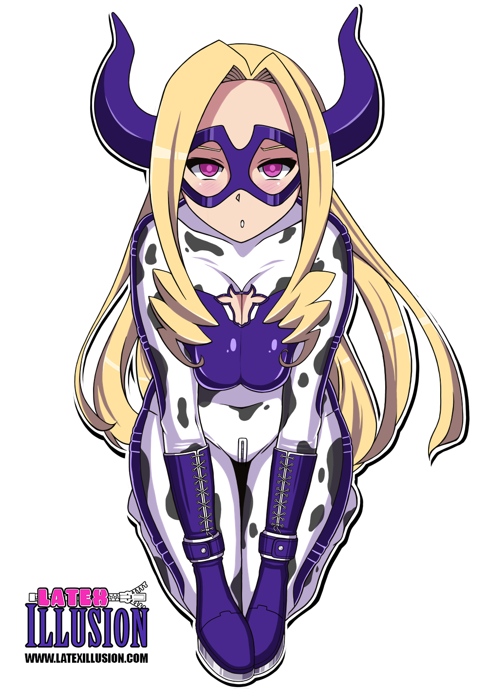 alternate_costume argrim bondage_mittens boob_squish boob_window cow_girl cow_print defeated_heroine human_cattle hypnosis kneeling latex latex_bodysuit latex_clothing latex_suit mount_lady my_hero_academia superheroine