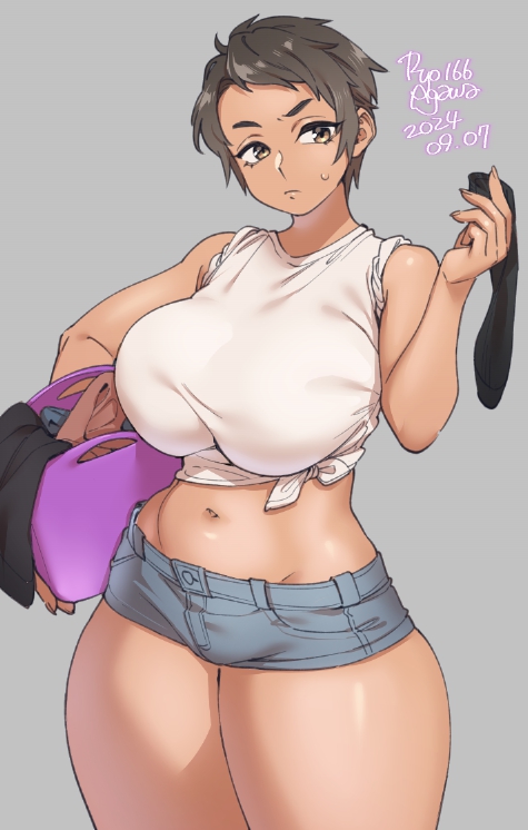 big_breasts daisy_dukes huge_breasts jean_shorts laundry ryo_agawa short_hair t-shirt tank_top tomboy white_shirt