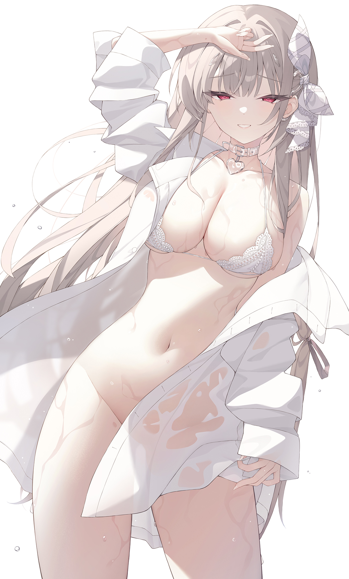 1girls, arm up, bare shoulders, bikini, bottomless, breasts, brown hair, choker, cleavage, convenient censoring, cowboy shot, female, goddess of victory: nikke, grin, hair ribbon, halterneck, heart, heart choker, highres, infinity (kkx132), large breasts, long hair, long sleeves, looking at viewer, navel, off shoulder, official alternate costume, open clothes, open shirt, red eyes, ribbon, see-through, shirt, simple background, skindentation, smile, solo, standing, stomach, string bikini, swimsuit, thighs, very long hair, viper (nikke), viper (shine of love) (nikke), wet, wet clothes, wet shirt, white background, white bikini, white shirt