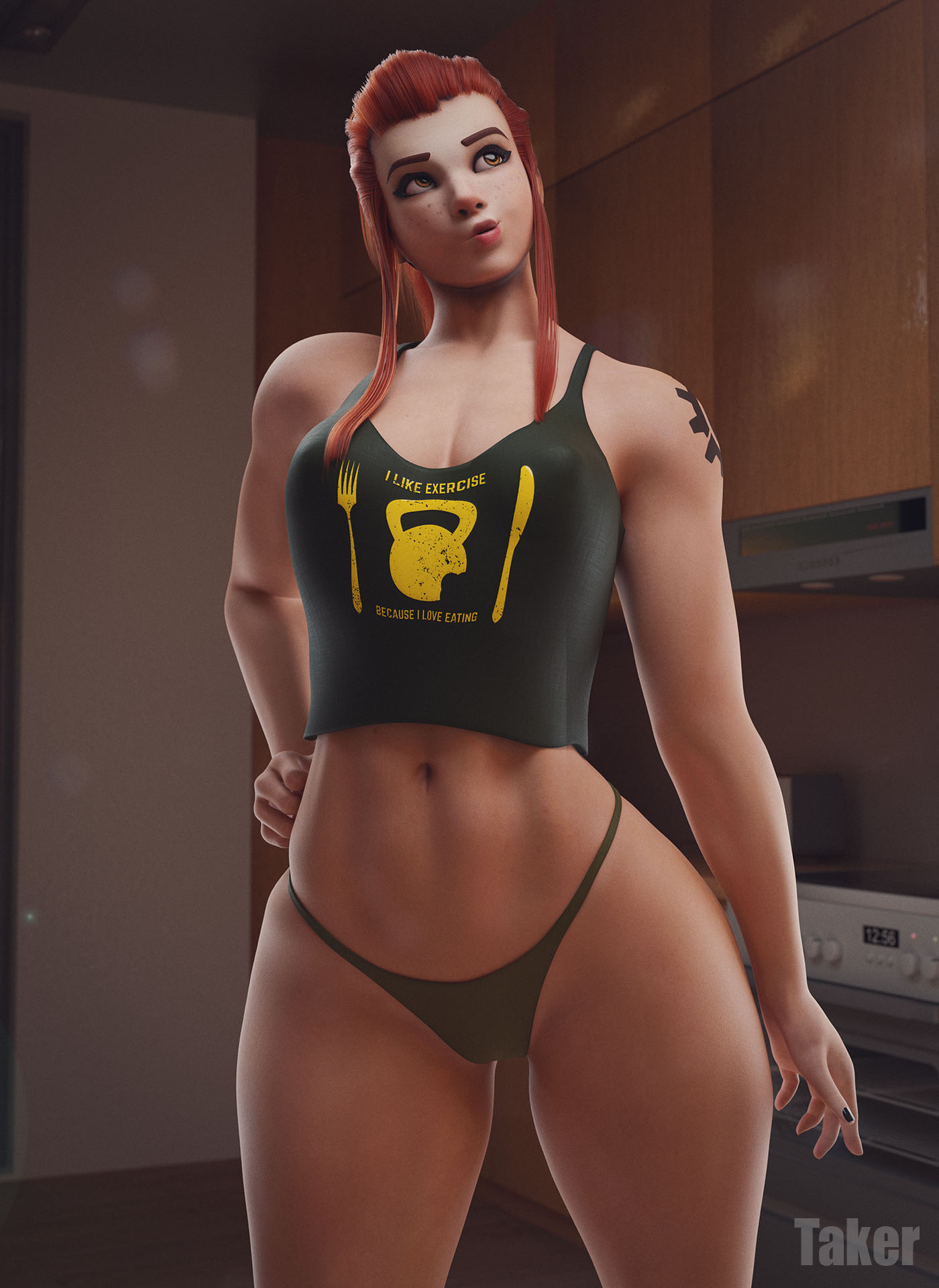 1girls 3d 3d_(artwork) 3d_model artist_name belly big_breasts black_nail_polish black_nails black_panties black_tank_top black_thong breasts brigitte brigitte_lindholm brown_eyes brown_hair cleavage crop_top female fit fit_female freckles freckles_on_face hand_on_hip kitchen looking_up midriff muscular muscular_female nail_polish navel overwatch overwatch_2 panties ponytail puckered_lips shoulder_tattoo sidelocks standing takerskiy tank_top tattoo text_on_clothing thighs thong underwear waist wide_hips