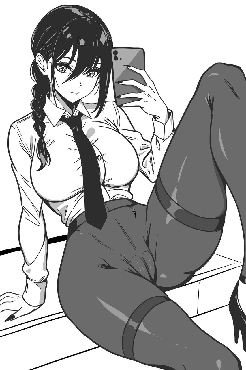 1girls, aged up, braid, braided ponytail, cameltoe, chainsaw man, clothed, demon, demon girl, female, heels, holding object, long hair, monochrome, mordredpenx, nail polish, nayuta (chainsaw man), office lady, phone, ponytail, pussy, sharp fingernails, solo, solo female