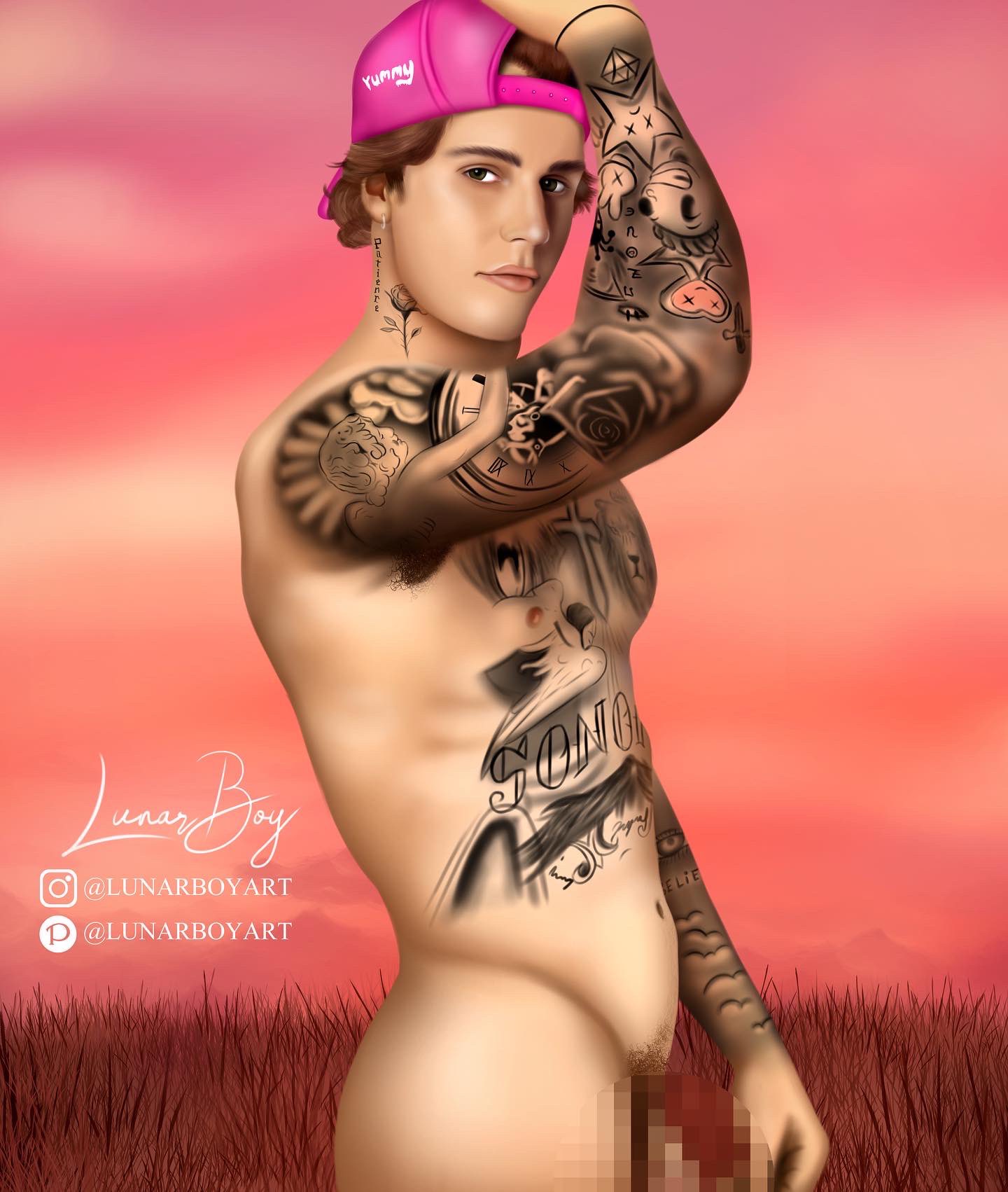 1boy caucasian caucasian_male celebrity censored censored_penis justin_bieber lunarboyart male male_only muscles muscular muscular_male musician outdoors outside posing real_person snapback solo solo_male tattoos