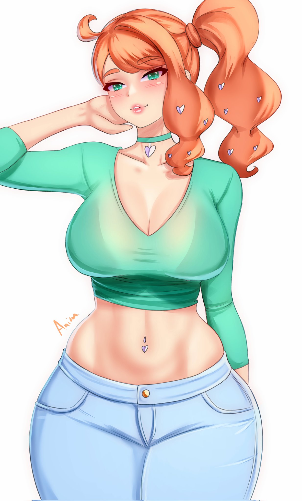 anisdrawn breasts female female_only game_freak green_eyes looking_at_viewer midriff mommy nintendo orange_hair pokemon pokemon_ss solo sonia_(pokemon) white_background