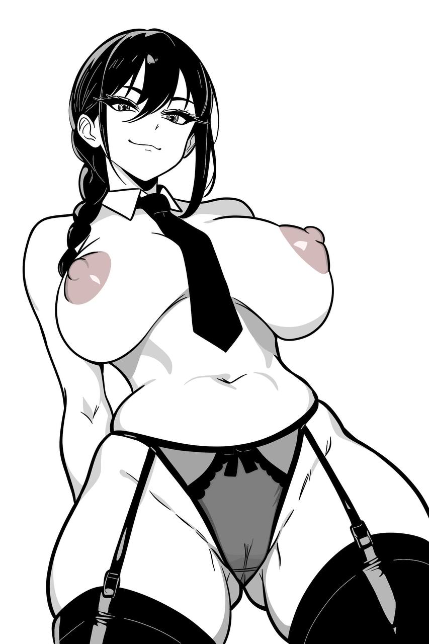 1girls, arms behind back, braid, braided ponytail, breasts, chainsaw man, demon, demon girl, female, garter straps, legwear, long hair, monochrome, mordredpenx, nayuta (chainsaw man), necktie, necktie between breasts, ponytail, pussy, see-through, see-through clothing, shaved pussy, solo, solo female, stockings, thighhighs, thong