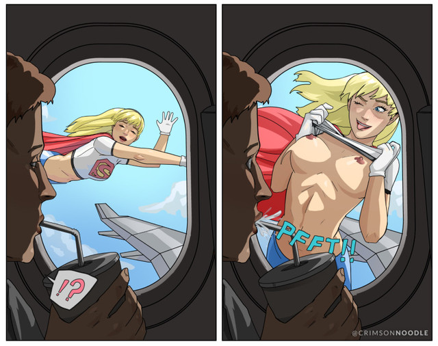 blonde_hair blue_eyes blue_skirt cape clouds crimsonnoodle crop_top dc dc_comics dcau flashing flying gloves kara_zor-el nude plane red_cape skirt spit_take stripping supergirl superman_(series) tongue_out wave waving wink