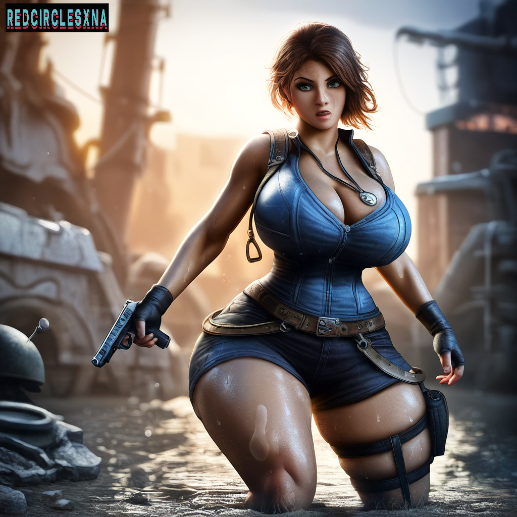 1girls ai_generated belt big_breasts blue_eyes brown_hair capcom cleavage curvaceous curvy_body female female_only gun gun_holster jill_valentine large_breasts light-skinned_female light_skin necklace redcirclesxna resident_evil ruins short_shorts standing thick_thighs water wide_hips