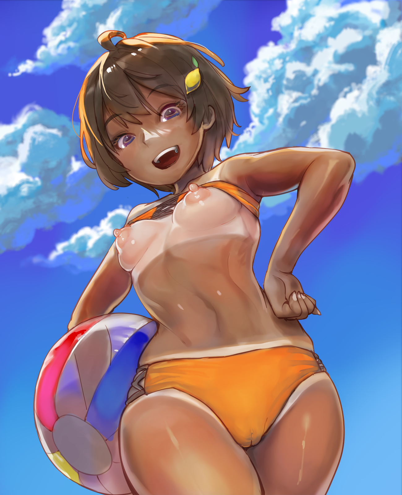 1girls, axe r18, beach ball, breasts, brown hair, erect nipples, female, female only, make heroine ga oo sugiru!, nipples, purple eyes, short hair, small breasts, swimsuit, tanline, tanlines, tomboy, yakishio lemon