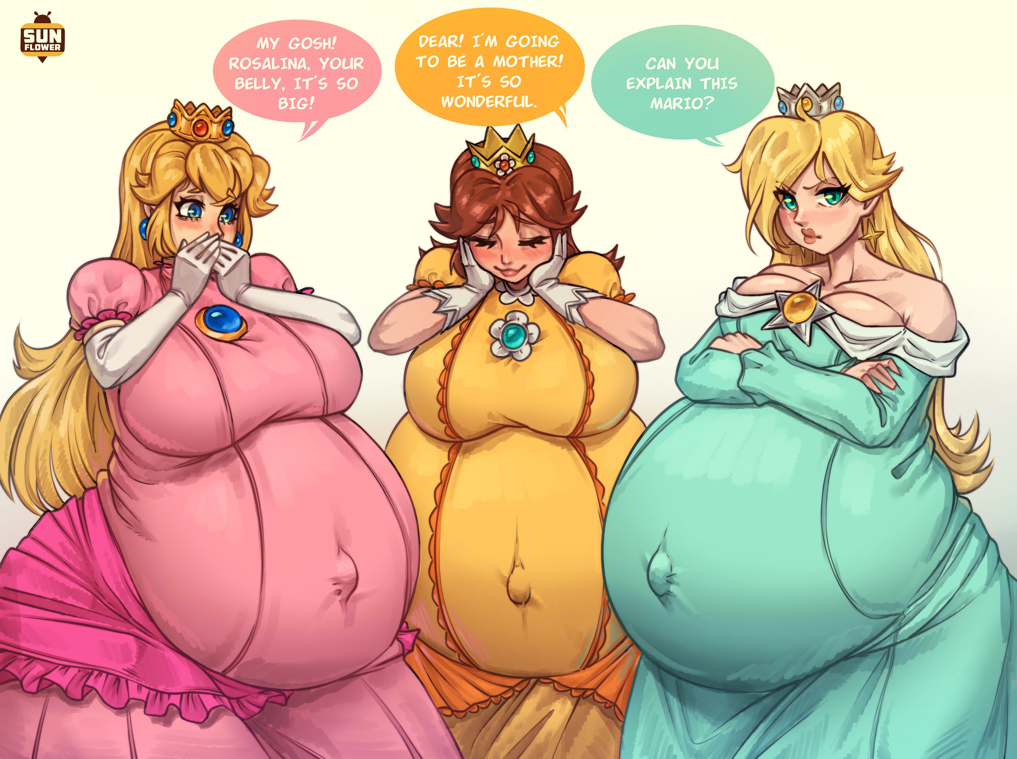 3girls, 3pregnancy, artist name, disproportional, english text, female, hyper belly, hyper pregnancy, mario (series), mario bros, multiple females, multiple girls, multiple pregnancies, nintendo, pregnant, princess daisy, princess peach, princess rosalina, speech bubble, sunflower art, super mario bros., super mario galaxy, super mario land, tagme, text, text bubble, twitter link