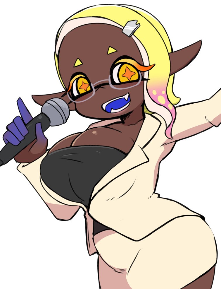 big_breasts big_forehead dark-skinned_female frye_(news_reporter) frye_(splatoon) frye_onaga fully_clothed hair_pin makino_nono office_lady splatoon splatoon_(series) splatoon_3 tentacle_hair thick_thighs yellow_eyes