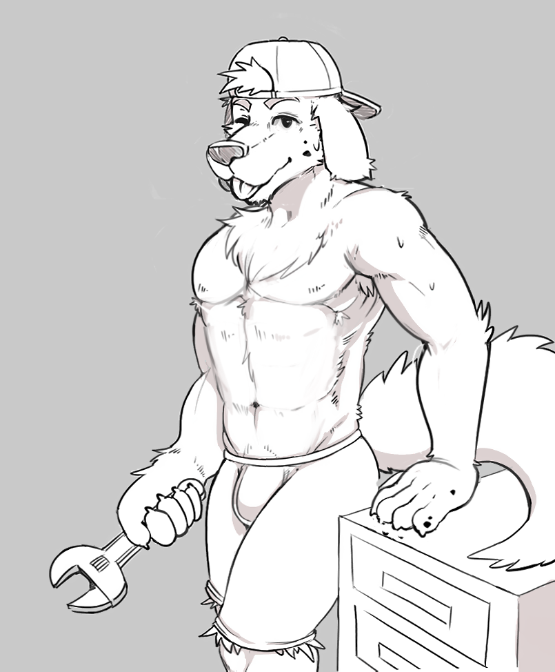 armpit_hair bodily_fluids body_hair bottomwear bulge canid canine canis clothed clothing domestic_dog floppy_ears hat headgear headwear male male_only mammal muscular one_eye_closed pecs shelf shorts solo sweat tongue tools topless unknown_artist_(artist) wink wrench