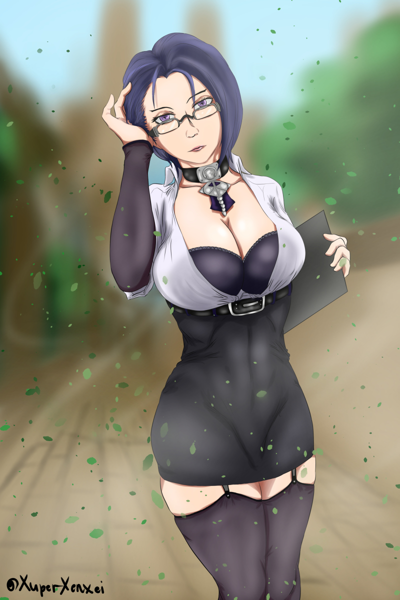 big breasts, blue hair, breasts, choker, cleavage, female, female only, fire emblem, fire emblem: three houses, garter belt leggings, garter straps, glasses, hourglass figure, mature female, nintendo, purple eyes, shamir nevrand, short hair, solo, solo female, solo focus, teacher, thighhighs, xuperxenxei