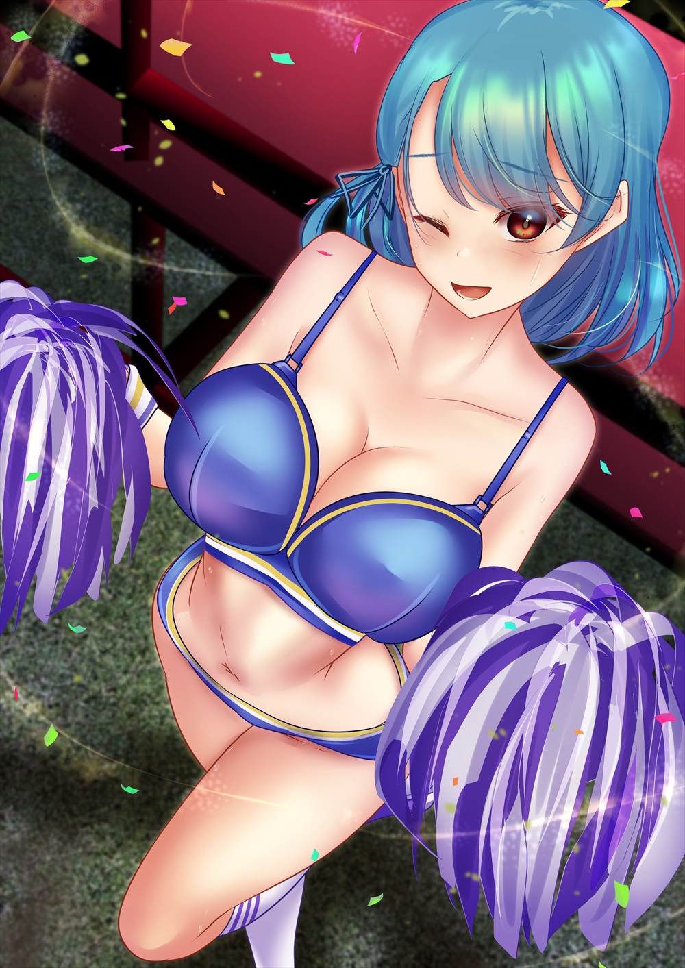 1girls alternate_costume blue_bikini blue_hair breasts cheerleader cleavage collarbone female_only full_body heterochromia kogasa_tatara looking_at_viewer navel outdoors pom_pom_(cheerleading) red_eyes shounen_(hogehoge) solo solo_female tatara_kogasa touhou variant_set white_socks