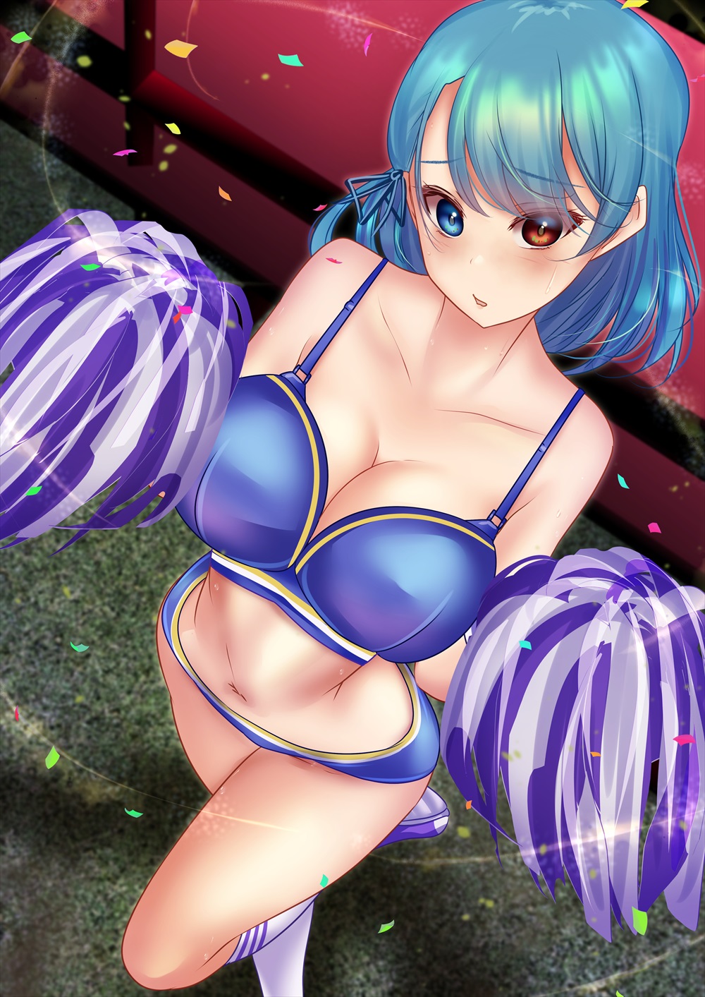 1girls alternate_costume blue_bikini blue_eyes blue_hair breasts cheerleader cleavage collarbone full_body heterochromia kogasa_tatara looking_at_viewer navel outdoors pom_pom_(cheerleading) red_eyes shounen_(hogehoge) solo tatara_kogasa touhou variant_set white_socks