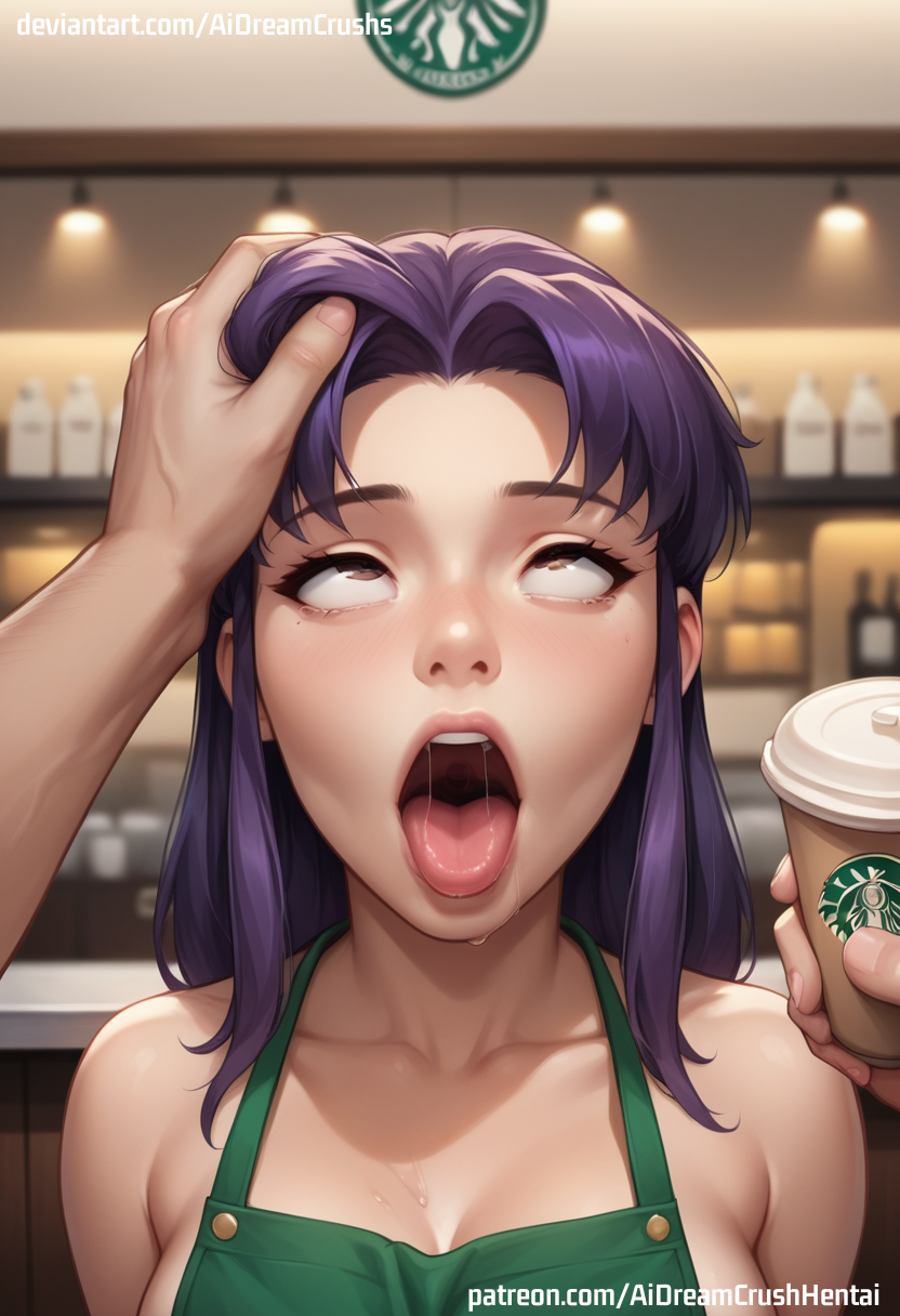 1boy 1girls ahe_gao ai_generated aidreamcrush apron_only back barista cafeteria cute deviantart drooling eyes eyes_rolling_back female grabbing hair hand_on_head light-skinned_female long_hair misato_katsuragi naked neon_genesis_evangelion open_mouth oral petite presenting_mouth presenting_throat purple_eyes purple_hair red_eyes rolling_eyes saliva saliva_string seductive_eyes seductive_mouth skinny slim starbucks teenager throat tongue_out waitress