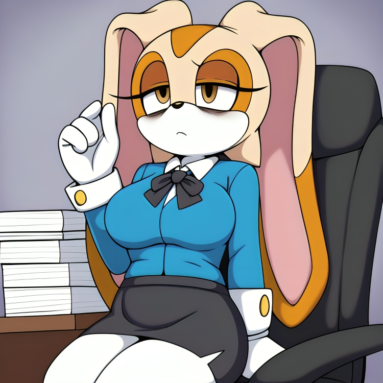 4_fingers aged_up ai_generated anthro black_bow black_skirt blue_blazer bunny_ears bunny_girl cream_the_rabbit curvy desk female fully_clothed furry gloves miserable office_chair office_clothing office_lady papers paperwork purple_background rabbit rabbit_ears simple_background sitting sitting_in_chair solo sonic_(series) sonic_the_hedgehog_(series) tired tired_expression tired_eyes tired_look uniform white_collar white_gloves white_leggings wrist_cuffs yodayo