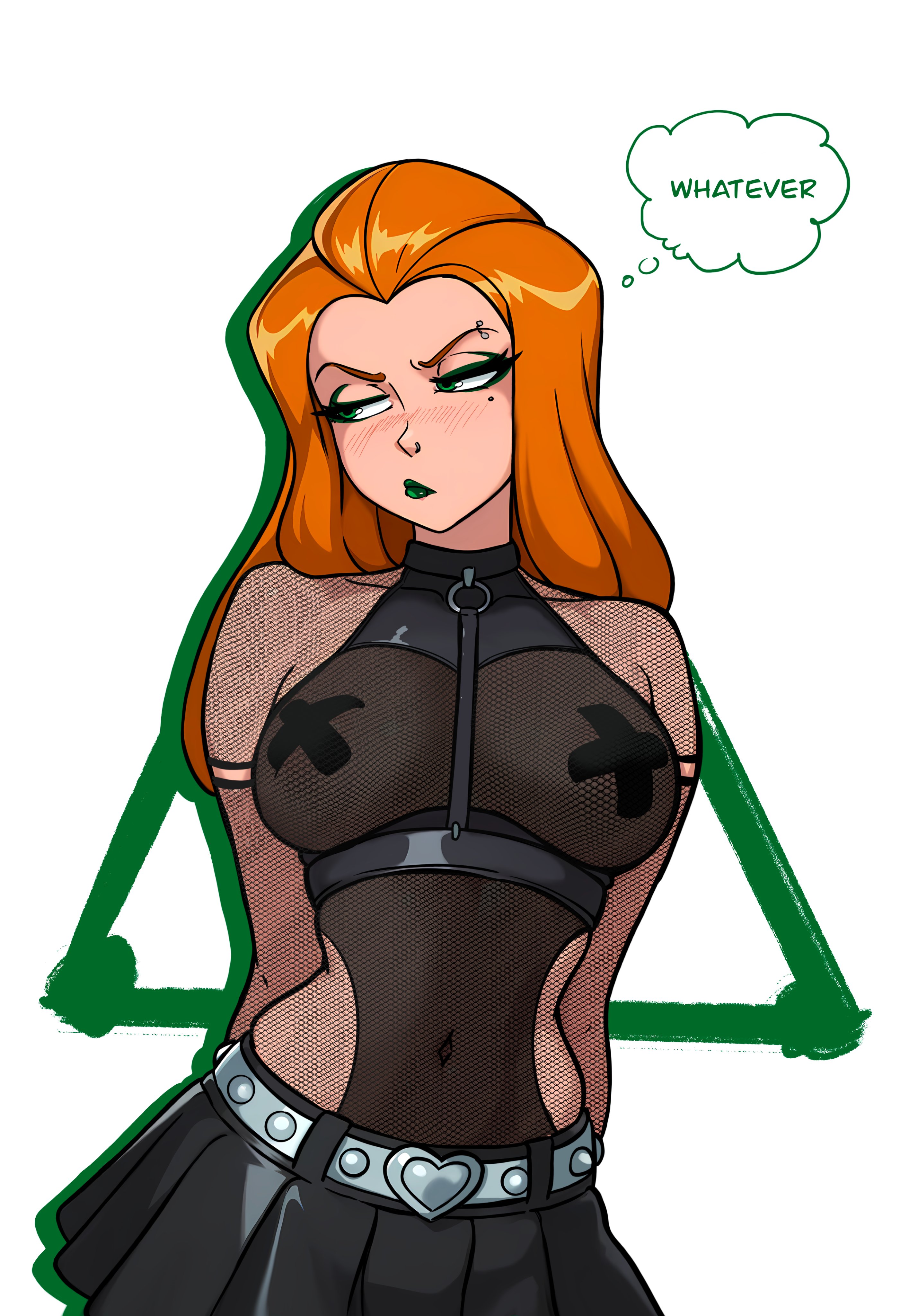 1girls, ai generated, black shirt, covered nipples, duct tape, female, fishnet shirt, fishnets, goth, goth girl, gothic girl, green lipstick, light skin, light-skinned female, lipstick, nipple pasties, pale skin, pale-skinned female, pasties, red hair, redhead female, redpostit, sam (totally spies), skirt, totally spies