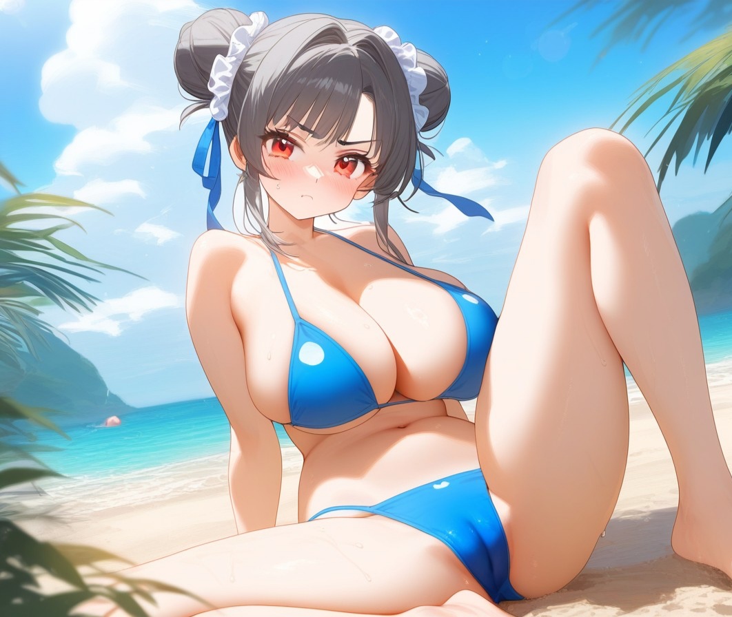 1girls ai_generated annoyed_expression beach big_breasts bikini blossomtea blue_bikini blue_sky blue_swimsuit blush breasts buns cameltoe clouds double_bun eyebrows eyebrows_visible_through_hair eyelashes eyelashes_visible_through_hair feet_out_of_frame grey_hair hair_buns hair_ornament hair_ribbon kivotosxl_(model) labia labia_majora light_blush maha_no_hanashi masa_works_design midriff navel oppai outdoors palms pointy_chin polka_dot_bikini polka_dots red_eyes sand self_upload seryl-claude_les_elizabeth sitting_on_sand sky solo solo_female swimsuit swimwear twin_buns water yodayo