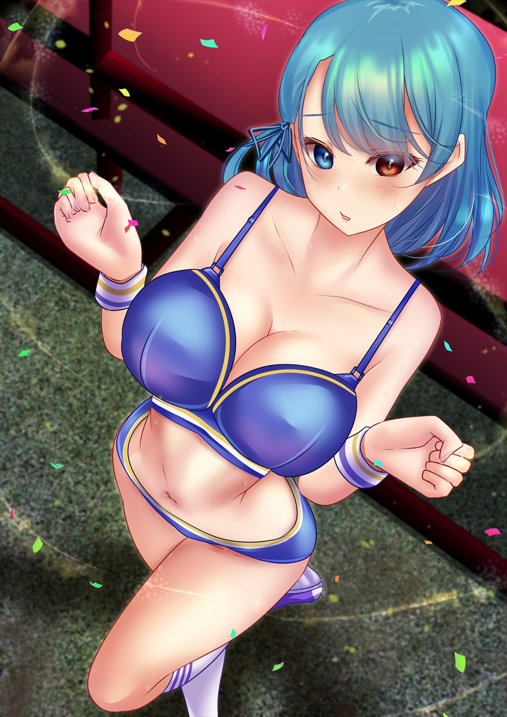 1girls blue_bikini blue_eyes blue_hair breasts cleavage collarbone female_only full_body heterochromia kogasa_tatara looking_at_viewer navel outdoors red_eyes shounen_(hogehoge) solo solo_female tatara_kogasa touhou variant_set white_socks