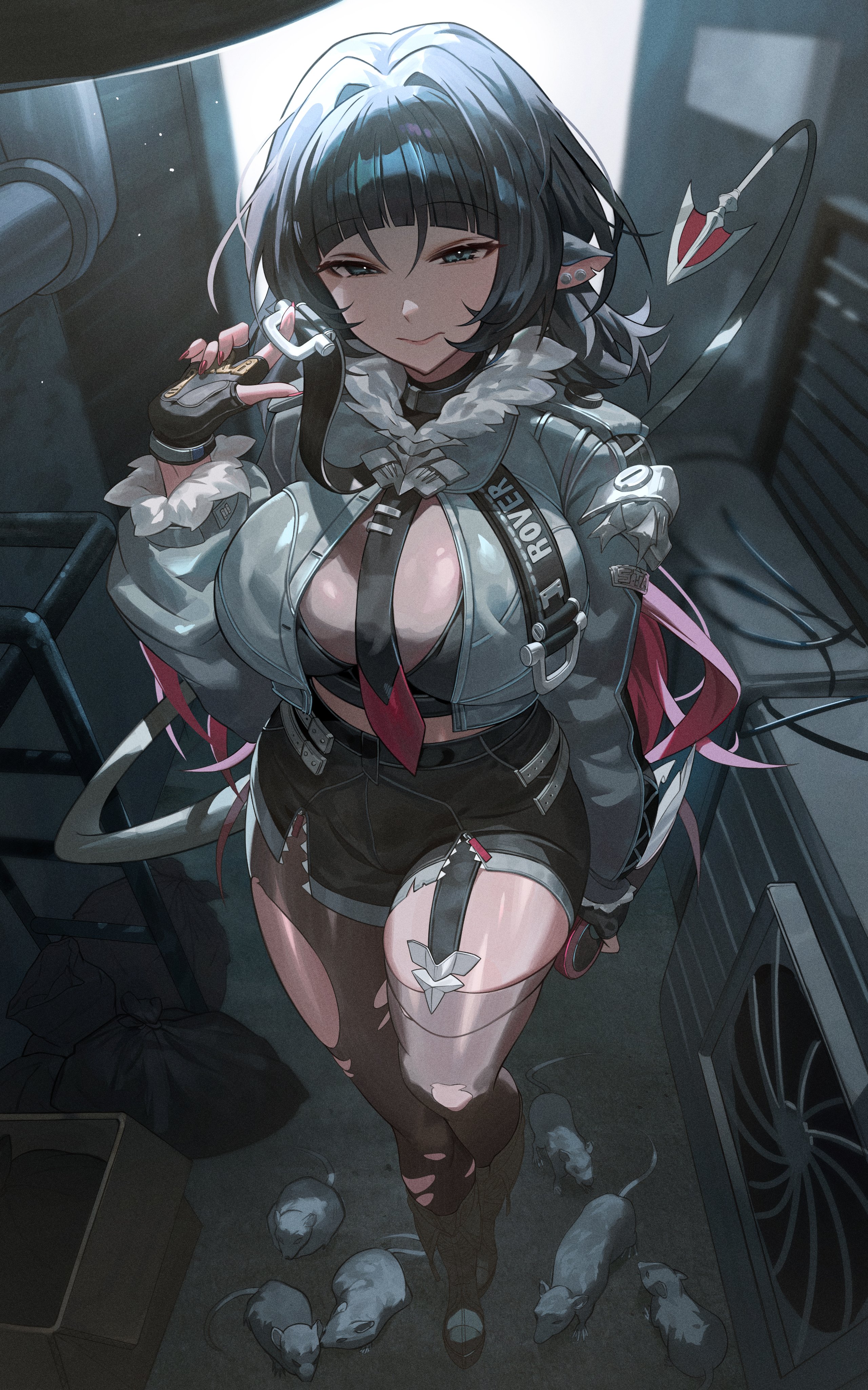 accessory, ass, big ass, big breasts, breasts, clothing, female, gloves, jacket, jane doe (zenless zone zero), pantyhose, rat, rat ears, rat girl, ripped pantyhose, shorts, smug, tail, thick thighs, thighs, zenless zone zero