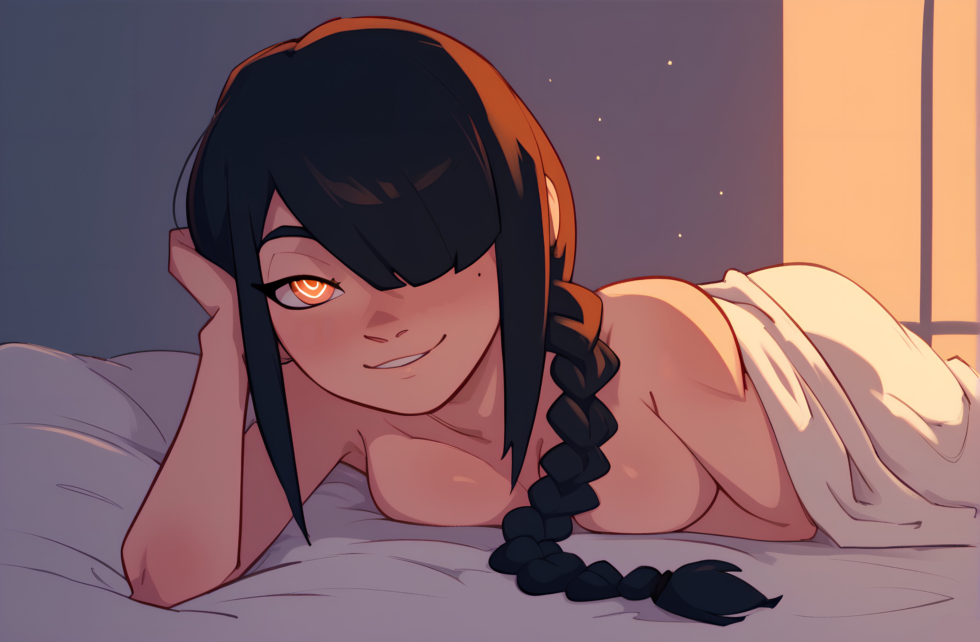 ai generated, bed, blanket, chainsaw man, female, in bed, naked, nayuta (chainsaw man), under covers