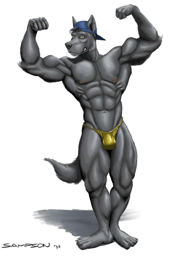 2020 5_toes abs anthro arm_tuft backwards_baseball_cap backwards_hat baseball_cap big_muscles black_claws black_nose broad_shoulders bulge canid canine canis cheek_tuft chin_tuft claws clothing detailed_bulge digital_drawing_(artwork) digital_media_(artwork) elbow_tuft facial_tuft feet fist flexing flexing_bicep flexing_both_biceps fluffy fluffy_tail fur furgonomic_headwear furgonomics grey_body grey_fur hat head_tuft headgear headwear humanoid_feet looking_at_viewer male mammal muscular muscular_anthro muscular_male navel nipples pecs pink_nipples plantigrade pose presenting sampsonwoof serratus shaded signature simple_background smile solo standing tail tight_clothing toe_claws toes tuft underwear whisker_spots whiskers white_background wolf yellow_eyes