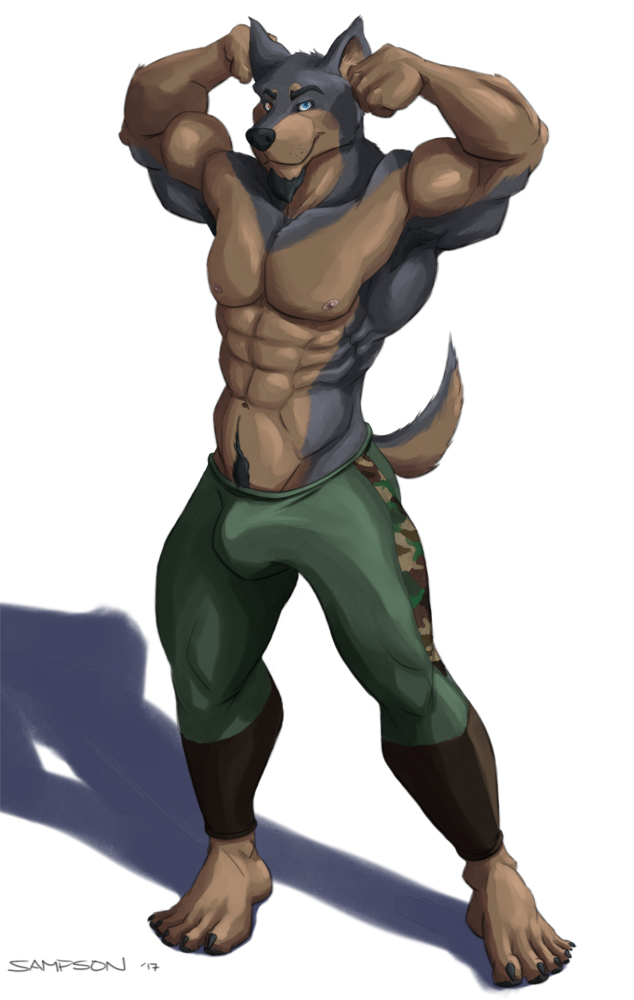 2017 5_toes abs anthro athletic_pants athletic_wear barefoot black_body black_claws black_fur black_nose blue_eyes brown_body brown_fur bulge canid canine canis claws clothed clothing digital_drawing_(artwork) digital_media_(artwork) dobermann domestic_dog facial_hair feet fist flexing flexing_bicep flexing_both_biceps fur goatee humanoid_feet looking_at_viewer male mammal muscular muscular_anthro muscular_male navel nipples pecs pink_nipples pinscher plantigrade pose presenting pubes sampsonwoof shaded signature simple_background smile solo standing story story_in_description tail tight_clothing toe_claws toes topless white_background