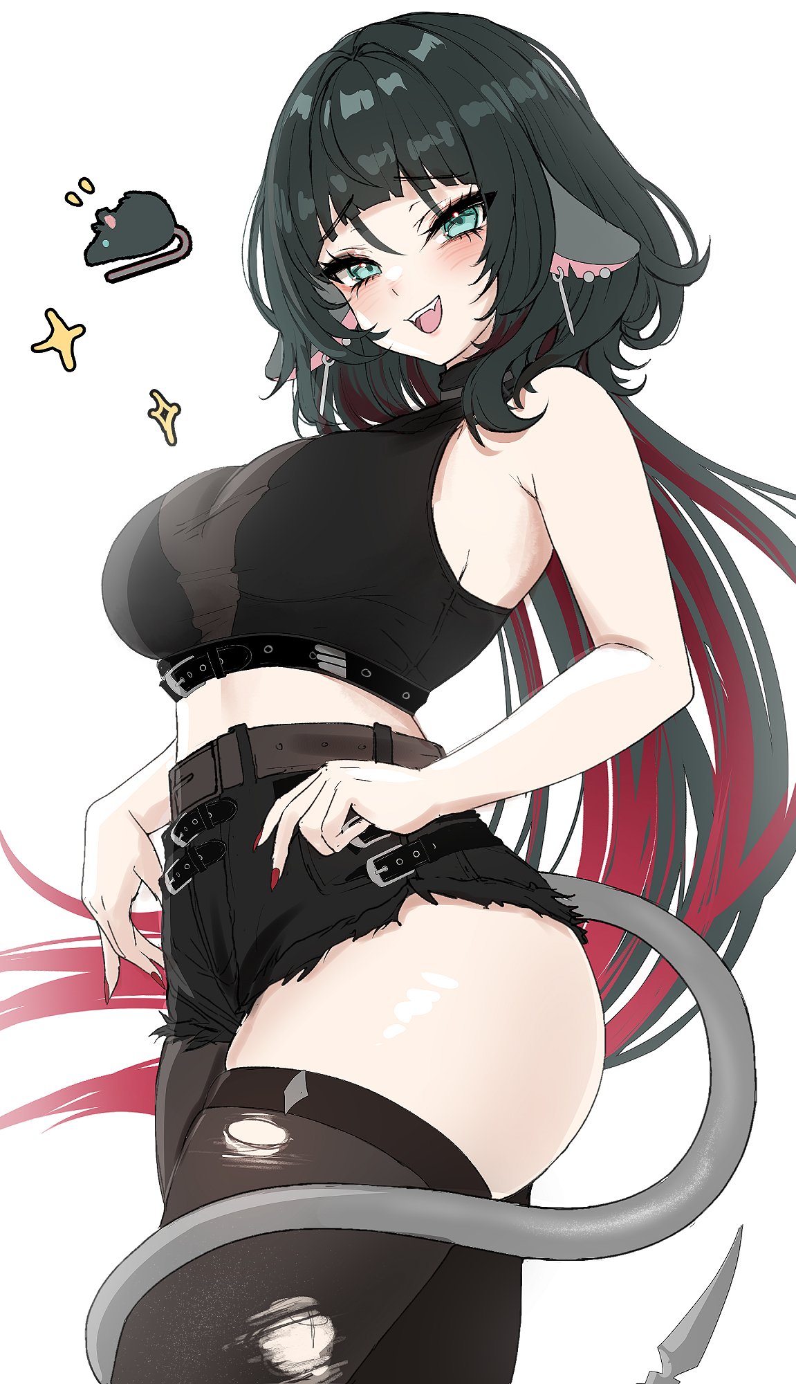 1girls, blush, blushing, female, jane doe (zenless zone zero), pantyhose, rat, rat girl, simple background, solo, thick thighs, thighs, zenless zone zero