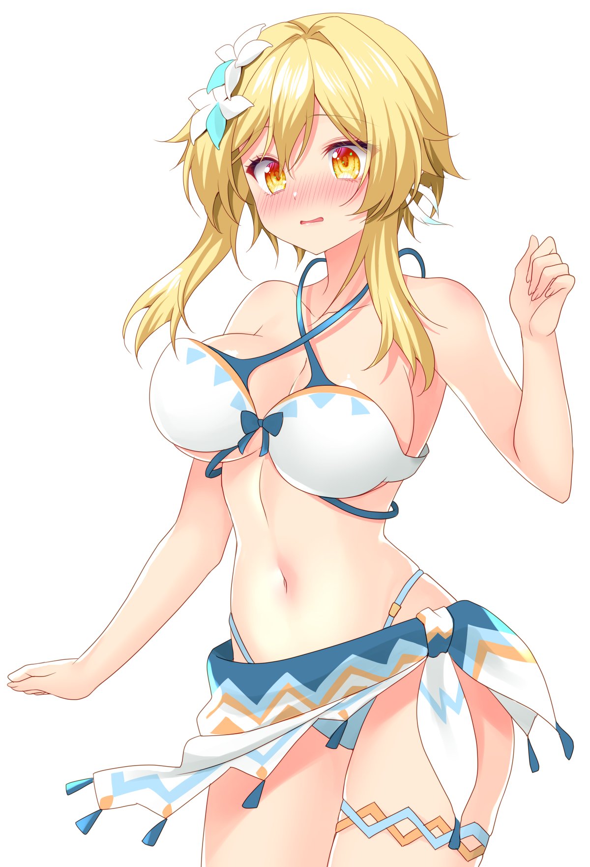 1girls 2d 2d_(artwork) alternate_breast_size alternate_costume belly_button big_breasts bikini_bottom bikini_top blonde_hair blush bra female female_focus female_only flowers flowers_in_hair front_view genshin_impact high_resolution highres light-skinned_female light_skin lumine_(genshin_impact) minatsuki_alumi navel official_alternate_costume short_hair simple_background slim_girl solo solo_female solo_focus standing swimsuit thong thong_bikini two_piece_swimsuit white_background yellow_eyes young younger_female