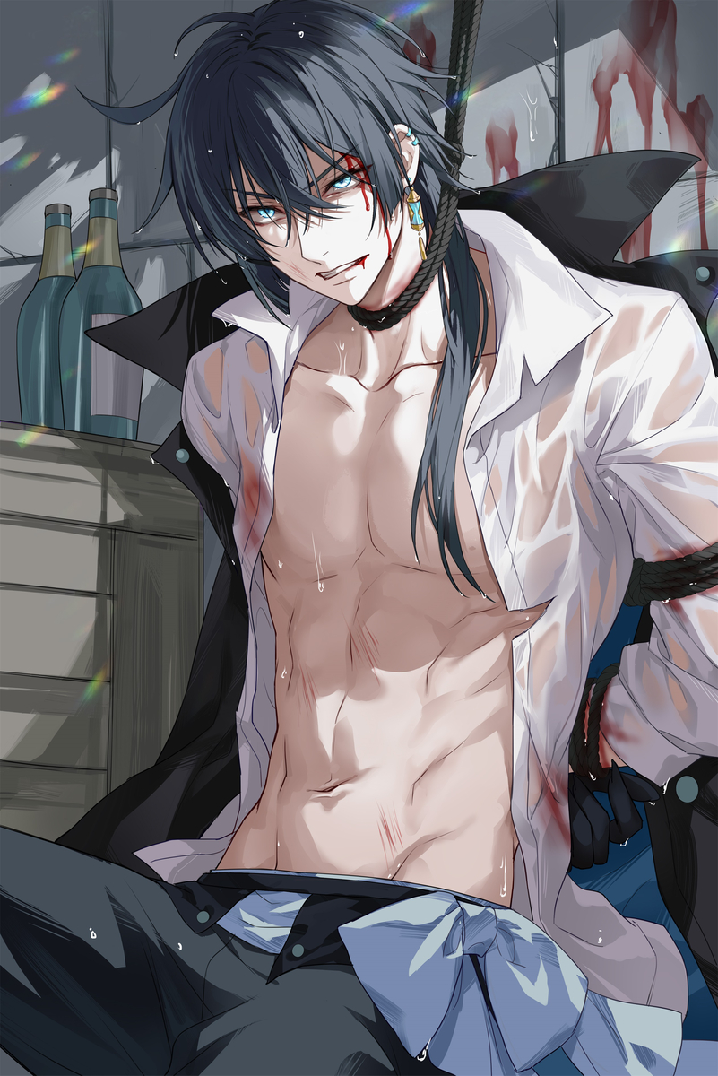 1boy abs black_hair bleeding blood blood_on_face blue_eyes bondage bottle bound devil_heavens earrings injury long_hair male male_only navel noose open_clothes open_shirt pectorals rope shirt solo solo_male tagme toned toned_male vanitas_(vanitas_no_carte) vanitas_no_carte wet