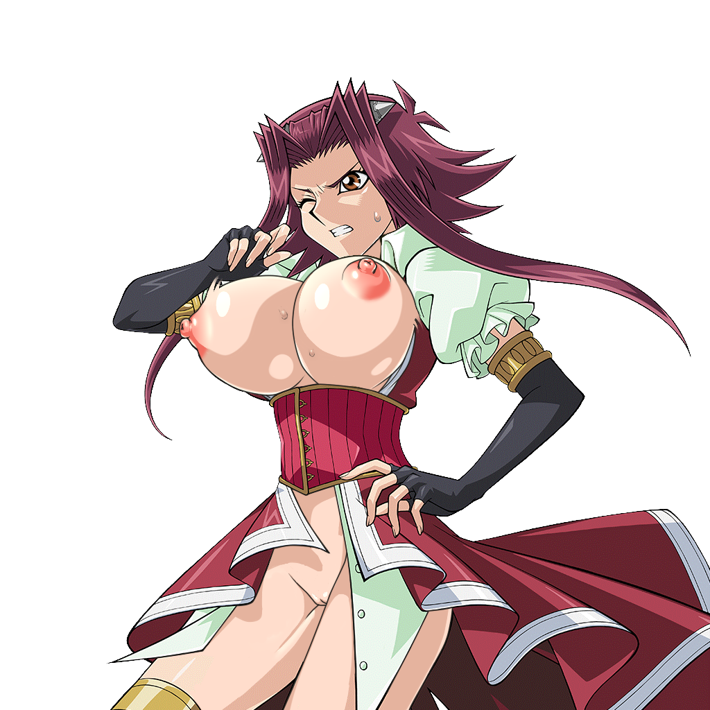 akiza_izinski big_breasts bimbo bottomless breasts breasts_out_of_clothes breasts_outside female functionally_nude gigantic_breasts huge_breasts huge_nipples izayoi_aki large_breasts nipples no_panties pointless_clothes pointless_clothing pussy red_hair topless useless_clothes useless_clothing yu-gi-oh! yu-gi-oh!_5d's