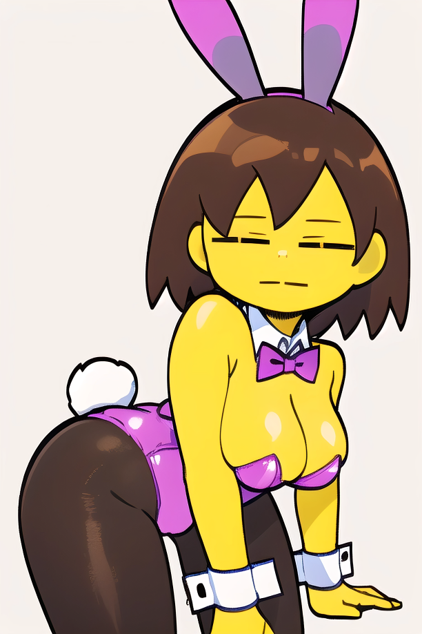 ai_generated bent_over black_leggings blank_expression bowtie brown_hair bunny_girl bunny_tail bunnysuit closed_eyes collar female female_frisk frisk fully_clothed leggings leotard looking_at_viewer pixai purple_bowtie purple_bunnysuit purple_leotard shoulder_pads simple_background solo undertale undertale_(series) wrist_cuffs yellow_skin