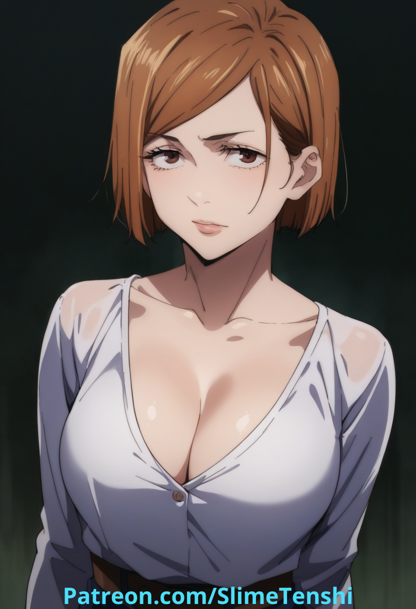 ai_generated belt big_breasts breasts brown_hair cleavage jeans jujutsu_kaisen kugisaki_nobara looking_at_viewer mommy short_hair slimetenshi