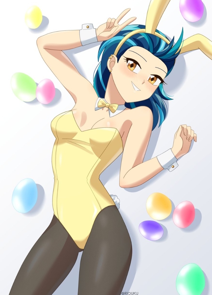1girls 2025 2d 2d_(artwork) 5_fingers amber_eyes blue_hair bunny_ears bunny_girl bunny_tail bunnysuit ear_piercing easter easter_egg egg eggs equestria_girls fake_animal_ears fake_rabbit_ears fake_tail fanart fanart_from_twitter female female_only hasbro holidays indigo_zap light-skinned_female light_skin necktie no_ai pantyhose playboy playboy_bunny rabbit_ears rabbit_tail riouku short_hair solo strapless strapless_leotard tie twitter_link v_sign yellow_clothing