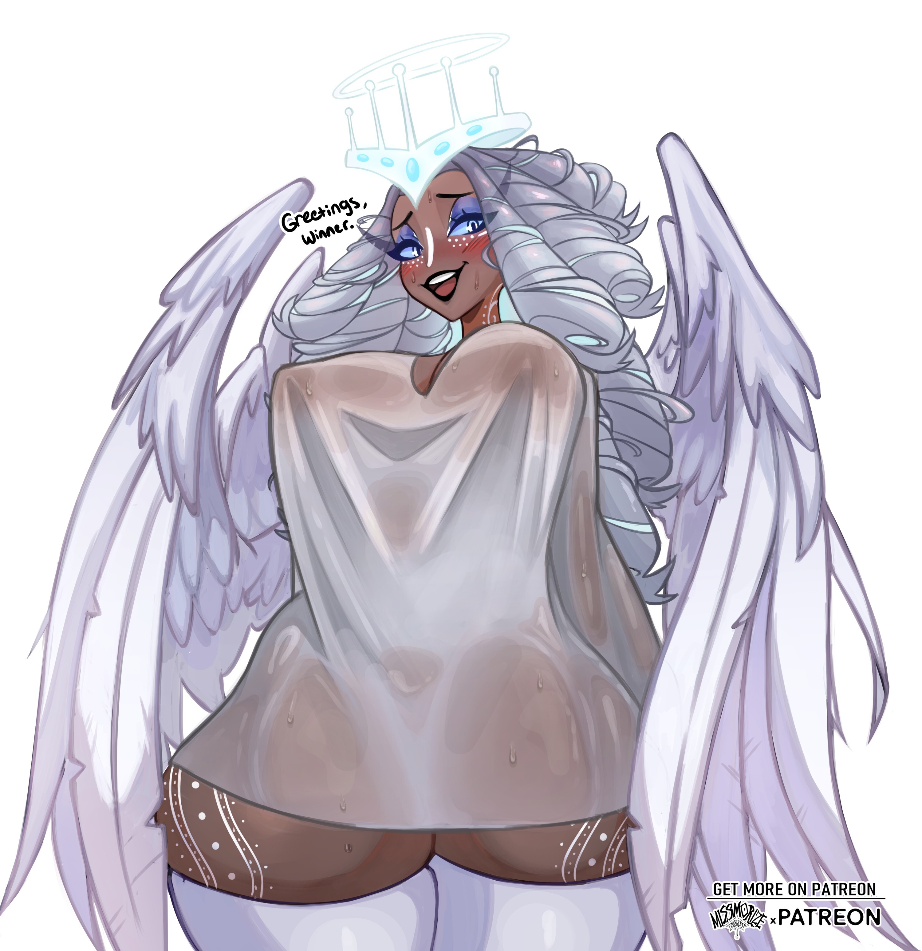 1girls, angel, angel wings, big breasts, black lips, black lipstick, blue eyes, blue eyeshadow, blue sclera, blush, breasts, dress shirt, english, english text, eyeshadow, female, female only, freckles, freckles on face, grey hair, grey shirt, hair, halo, hazbin hotel, hips, huge breasts, legwear, lips, lipstick, long hair, mature, mature female, mature woman, missmorize, sera (hazbin hotel), shirt, smile, solo, solo female, sweat, sweatdrop, text, thick thighs, thighs, wet, wet clothes, white thighhighs, wings