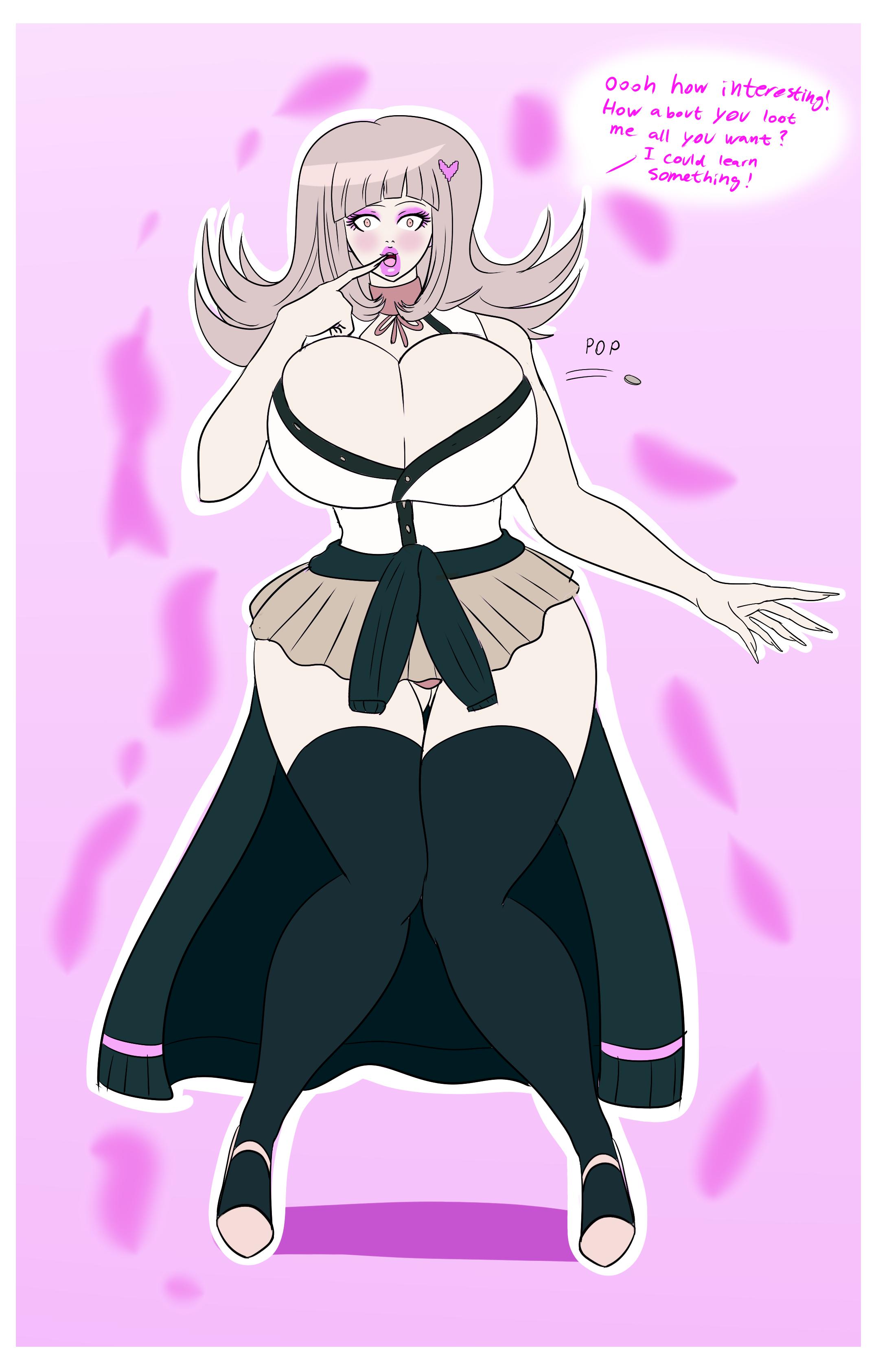 1girls, annon, ass, big lips, bimbo, bimbofication, bimbofied, blush, brain drain, breasts, button pop, cleavage, danganronpa, danganronpa 2: goodbye despair, english text, female, happy trance, high heels, hips, hourglass figure, huge ass, huge breasts, jacket around waist, large breasts, lips, long hair, looking at viewer, nanami chiaki, panties, pantyshot, pink hair, pink lipstick, smile, smooth skin, solo, text, thick ass, thighs, wide hips