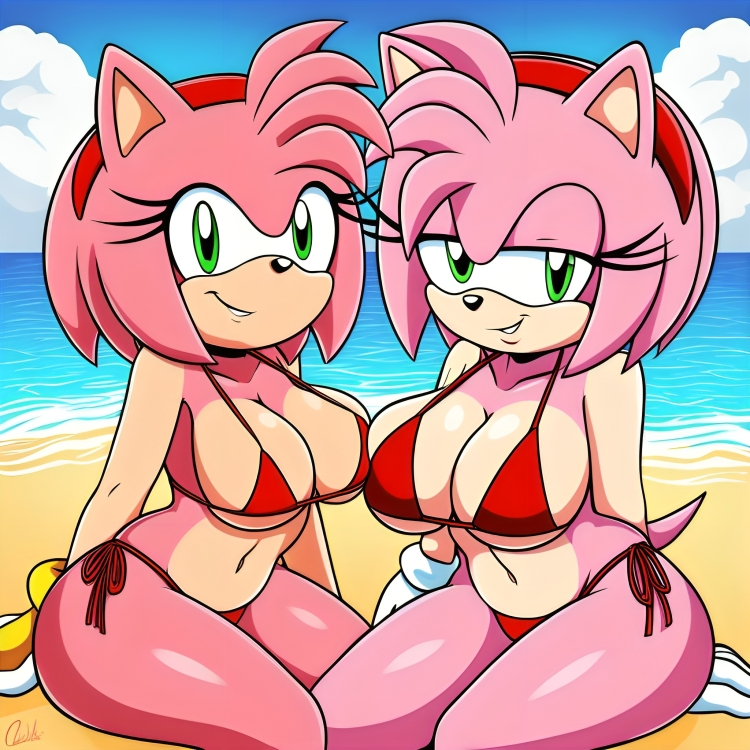 2girls ai_generated alternate_universe amy_rose beach bikini breasts clothed curvy curvy_figure female_only gloves green_eyes hairband happy looking_at_viewer pink_fur red_bikini red_hairband sega smile smug sonic_(series) sonic_the_hedgehog_(series) square_crossover swimsuit swimwear white_gloves yodayo