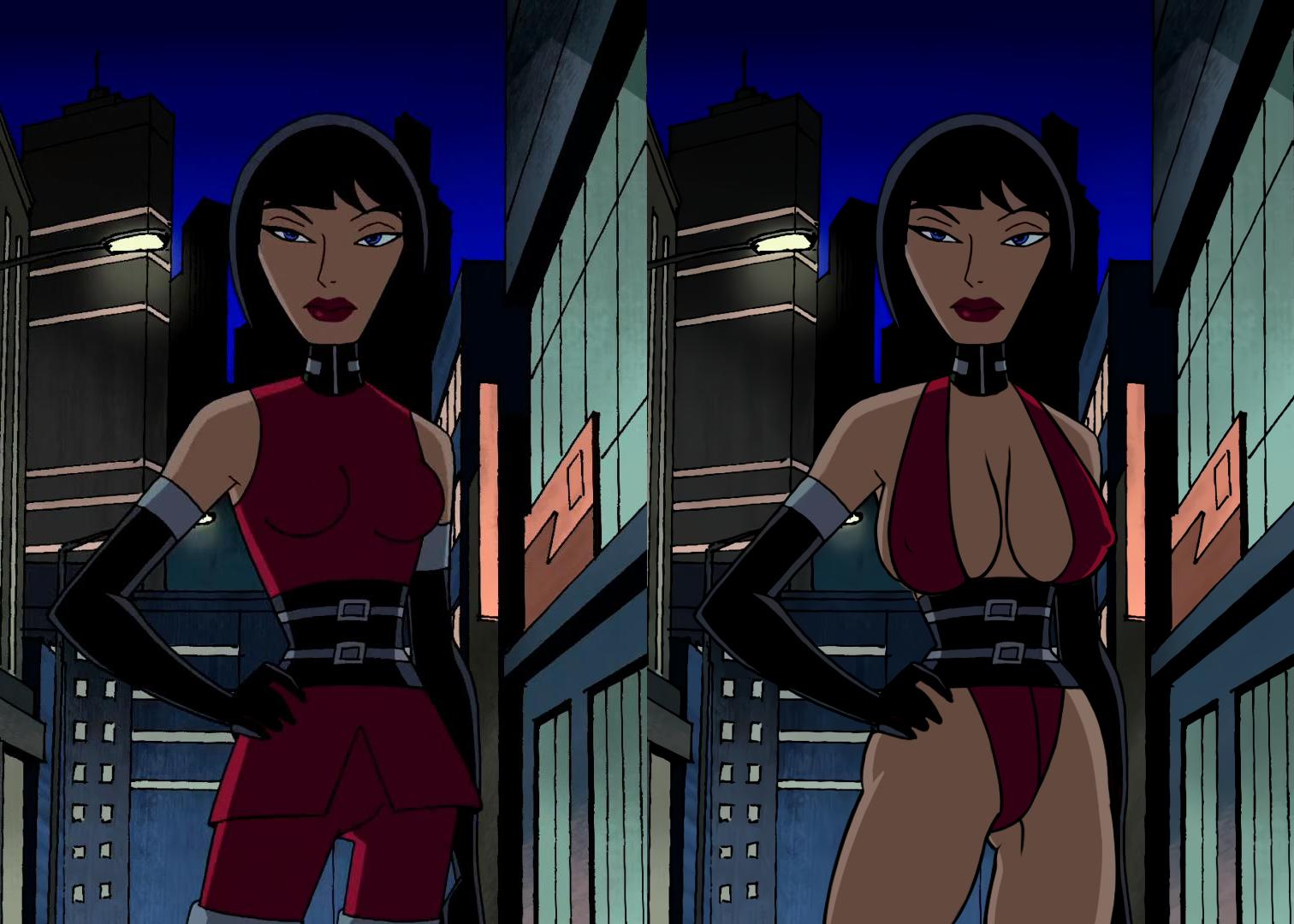 big_breasts black_hair blue_eyes bob_cut clothed_female dc_comics doom_patrol edit female female_only gloves madame_rouge monkeyman_(artist) nipples nipples_visible_through_clothing short_hair supervillain teen_titans