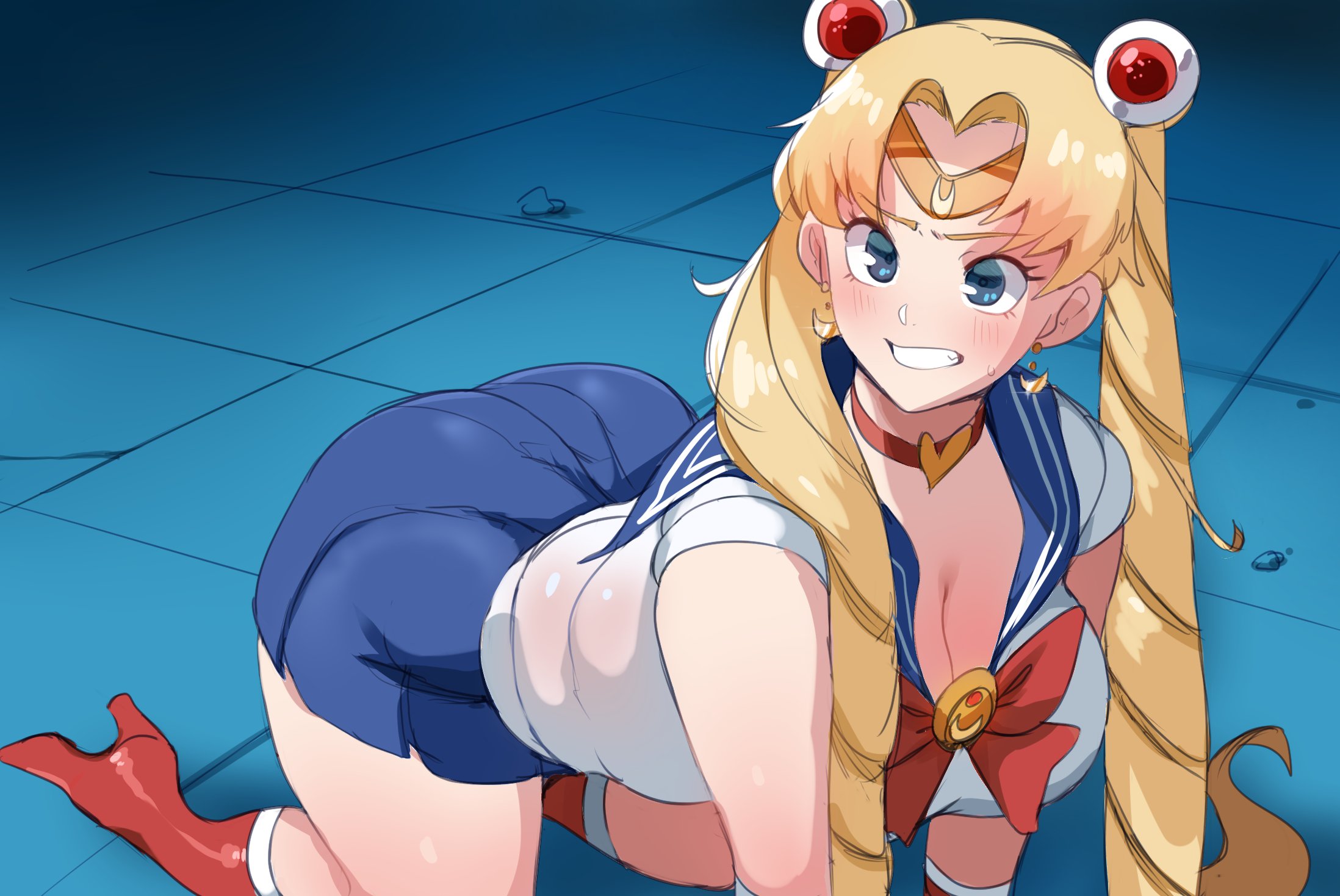 1girls, bishoujo senshi sailor moon, blonde hair, blue eyes, breasts, cleavage, clothing, derivative work, female, female only, high heel boots, huge breasts, large breasts, lightsource, meme, naughty face, sailor moon, sailor moon redraw challenge, skirt, solo, thick thighs, usagi tsukino
