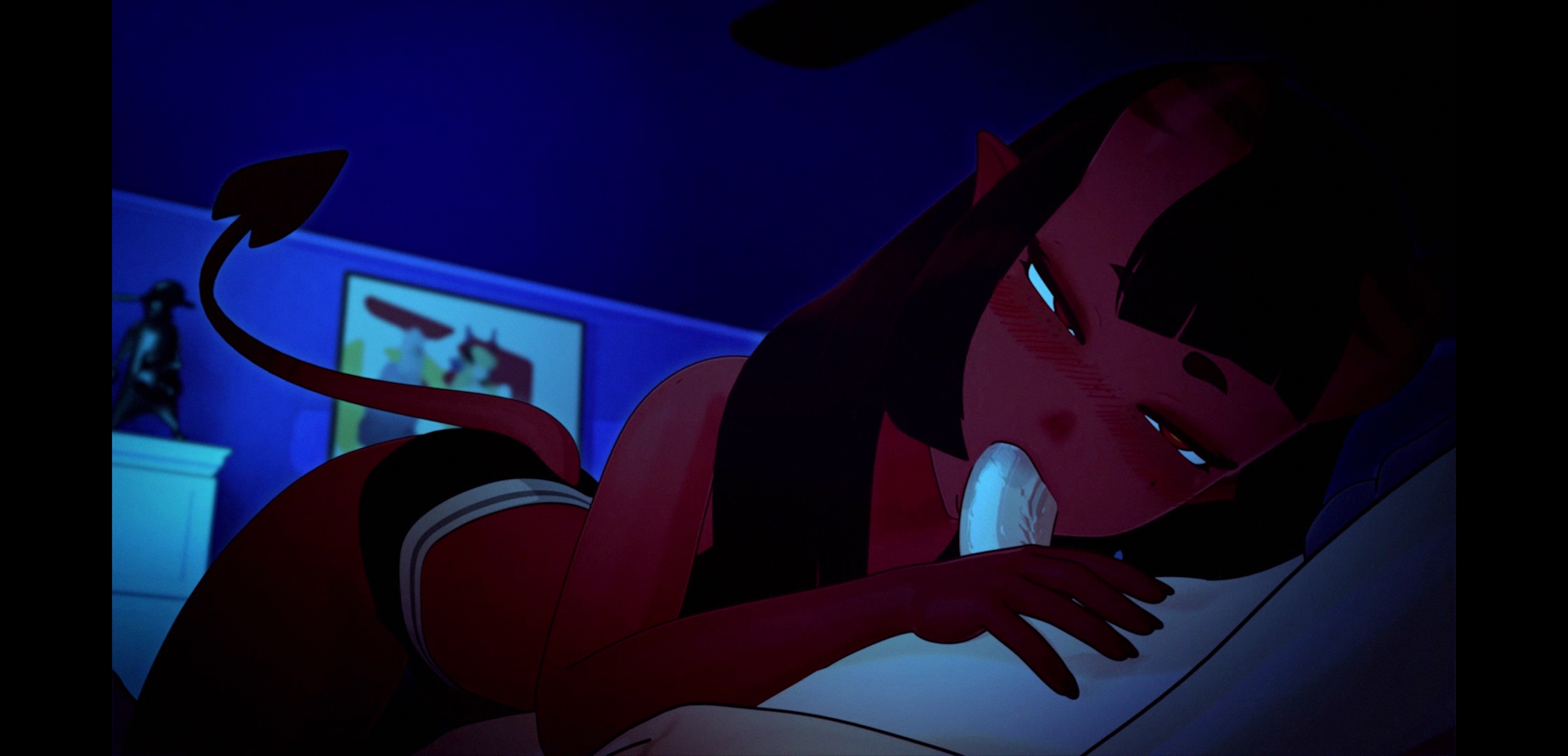 1girls, bedroom, black hair, blowjob, cock hungry, cute, dark room, demon, demon girl, demon horns, demon tail, fangs, fellatio, female, freckles, fringe, glowing eyes, hetero, hime cut, imminent deepthroat, imminent sex, imminent vaginal, male, meru (merunyaa), naughty face, on bed, oral, oral sex, original, original character, penis, petite, pleasure face, pointy ears, pussy, red skin, screenshot, seductive eyes, seductive look, seductive mouth, seductive smile, sharp teeth, skuddbutt, small fringe, smurrlewd, straight hair, succubus, succubus tail, teenager, yellow eyes, younger female