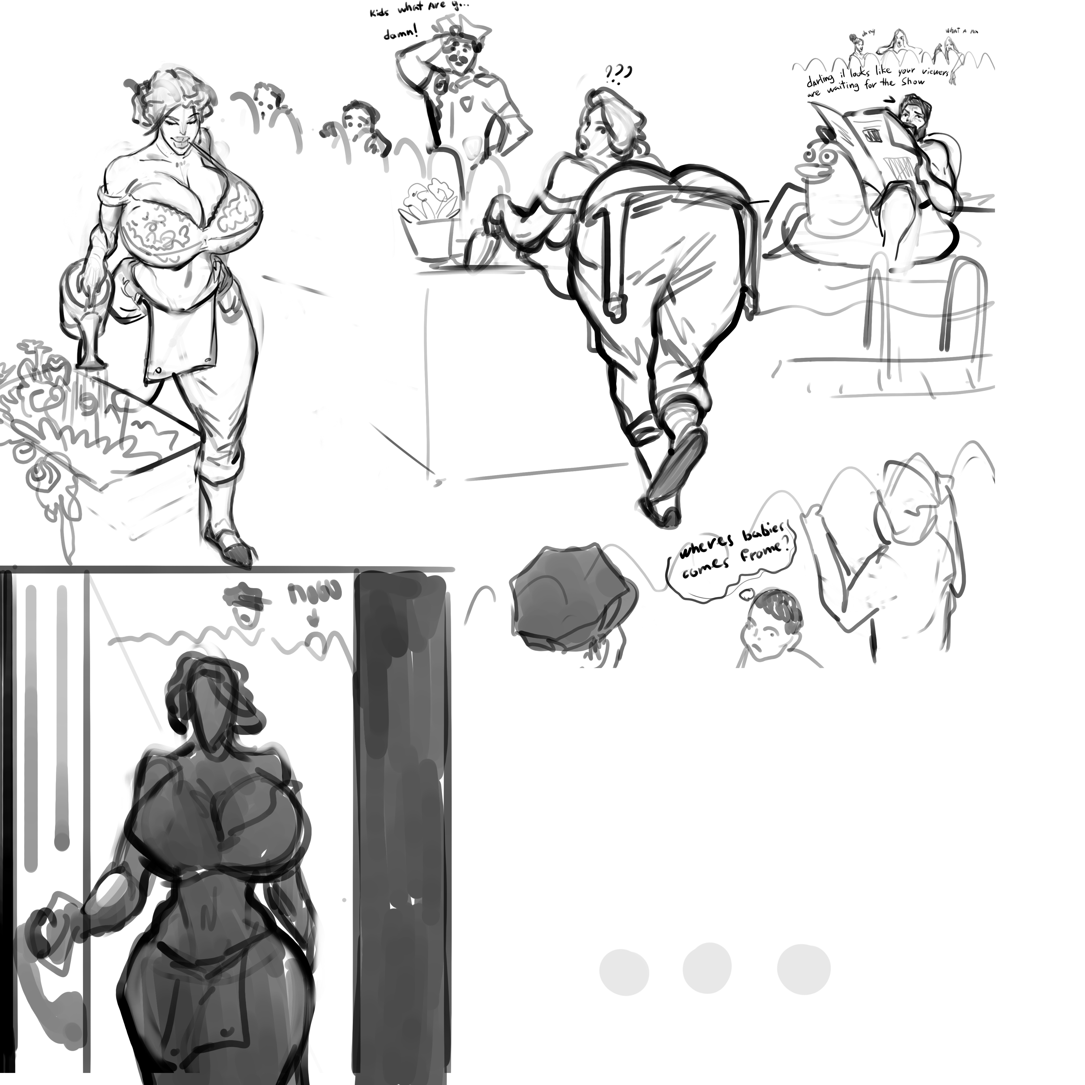 ass, big ass, big breasts, breasts, female, huge ass, huge breasts, iranon, large ass, large breasts, light skin, light-skinned male, male, mature female, monochrome, sketch, thick thighs, vivian (iranon), wide hips