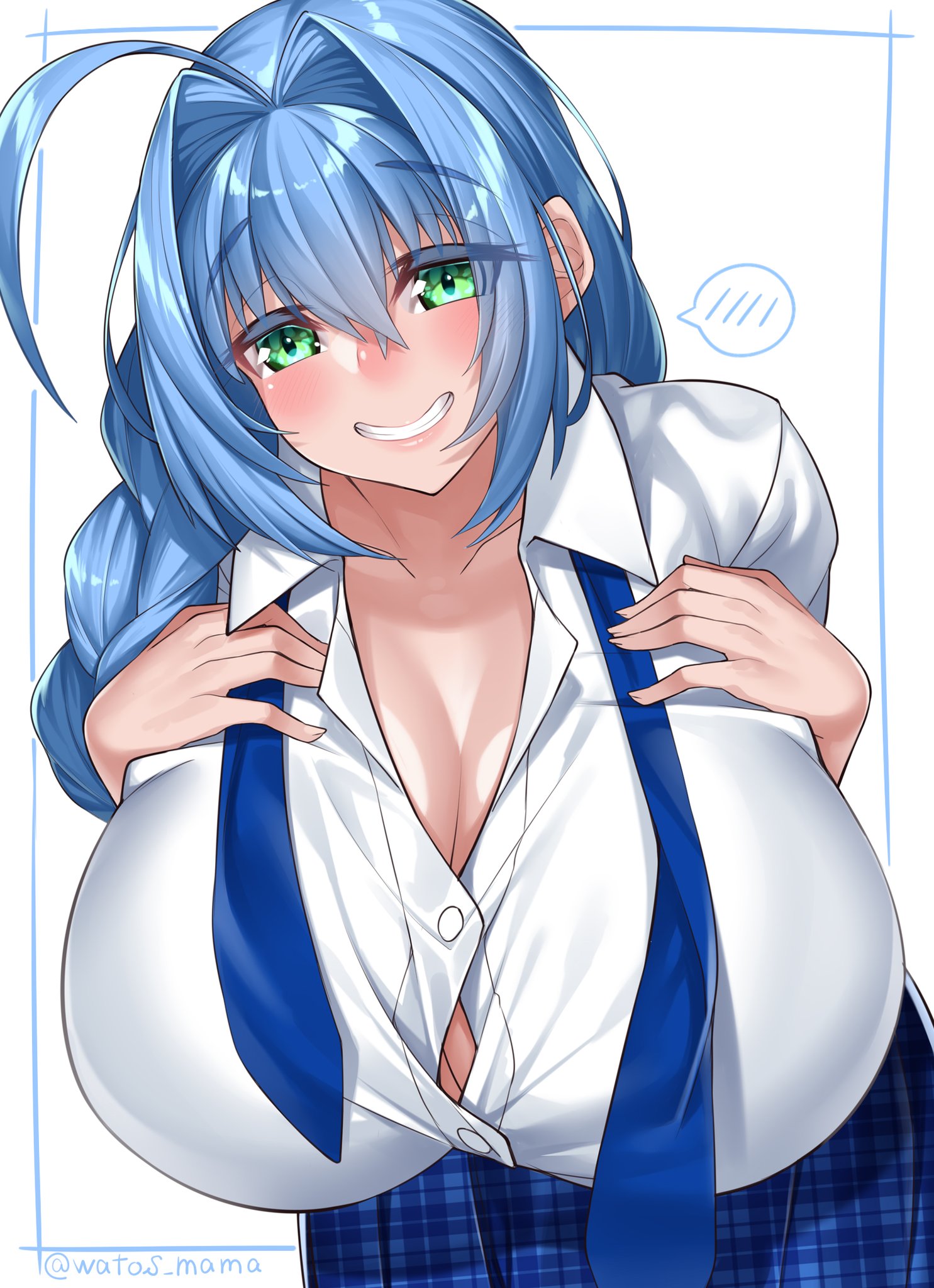 1girls, bent over, blue hair, blush, breasts, cleavage, eyebrows visible through hair, female, green eyes, grin, huge breasts, ilyana (boobydoody64), light skin, light-skinned female, looking at viewer, original, ponytail, school uniform, schoolgirl, smile, watosu (watosu mama)