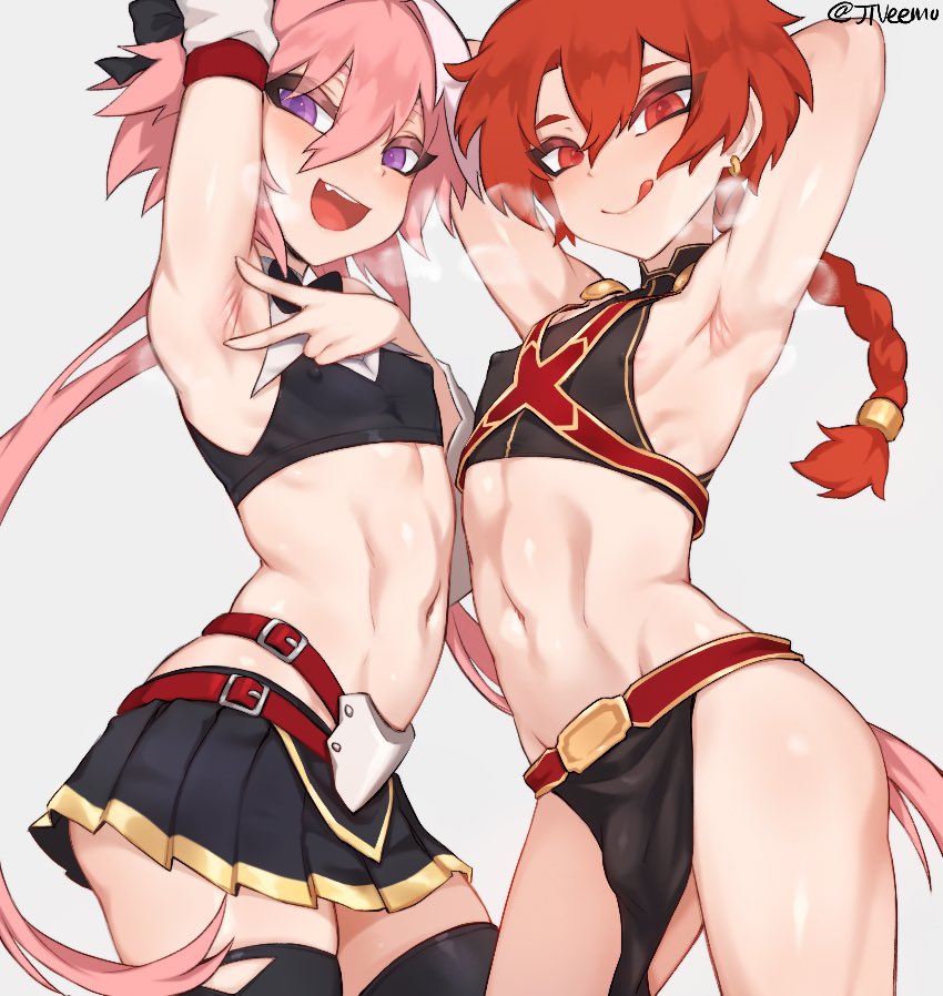 2boys, alexander (fate/grand order), androgynous, armpits, arms behind back, astolfo (fate), bulge, cute fang, fate (series), fate/apocrypha, fate/grand order, femboy, femboy only, girly, josou seme, jtveemo, looking at viewer, male, male only, miniskirt, multiple boys, multiple males, nipple bulge, open mouth, presenting armpit, simple background, skirt, steam, sweat, toned, tongue, tongue out, trap, trap on trap